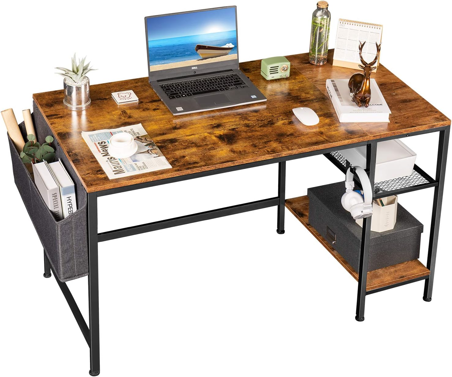 Furmax Home Office Desk 47 Inch Small Study Writing Desk Computer Simple Splice Board Table 2-Tier Laptop Table with Storage Bag and Removable Storage Shelves (Brown)