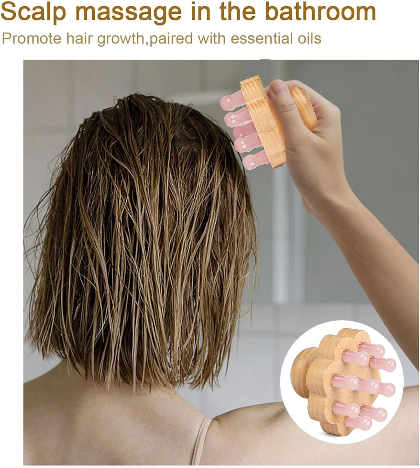 Scalp Massager,Head Scalp Comb,Rose Quartz Tooth-Wooden Comb for Head Stress Relax Massage Tool for Hair Growth Relieve Headaches