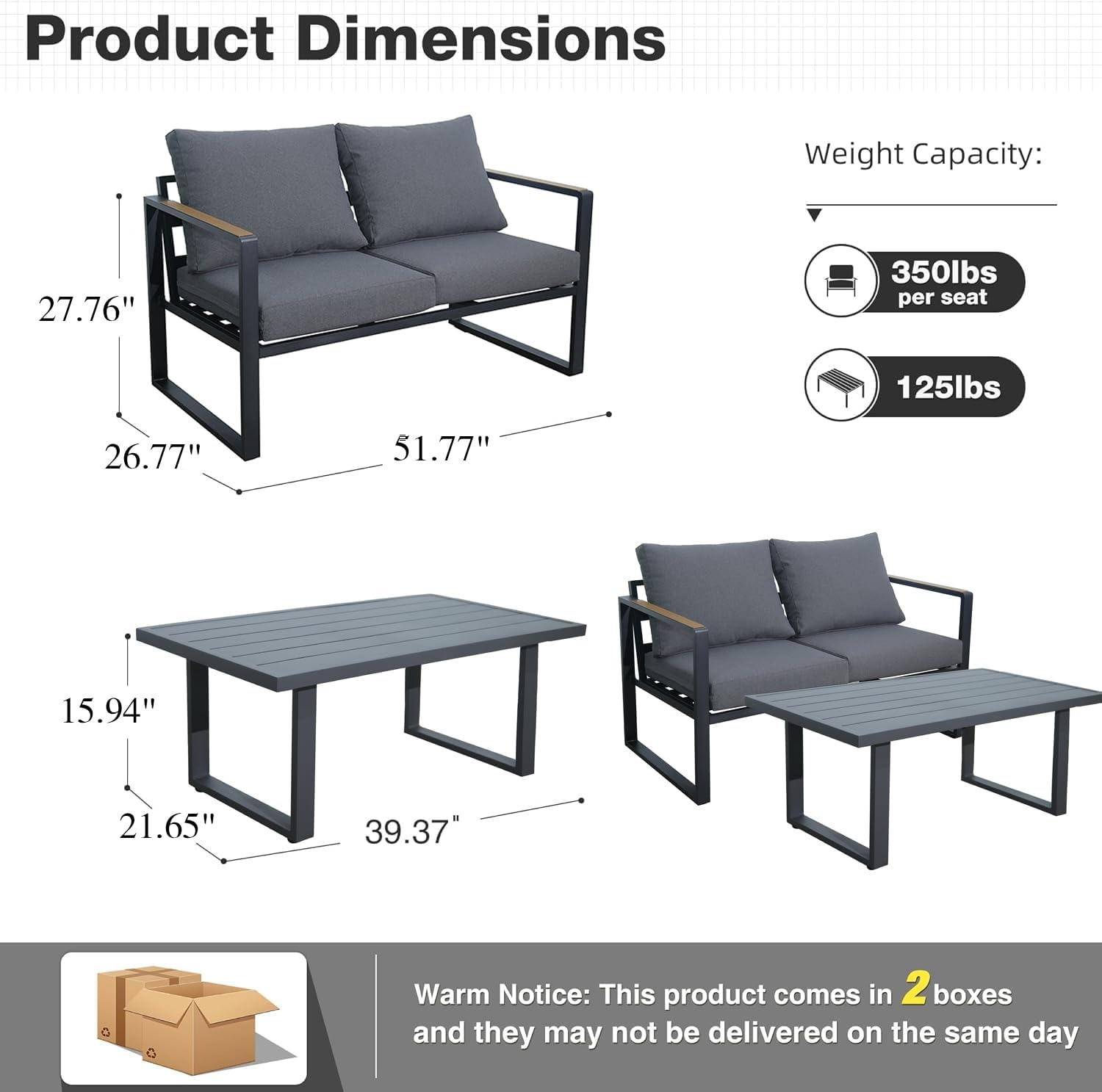 Patio Furniture Set 2 Seater Outdoor Sofa with Coffee Table, Aluminium 2 Piece Lounge Sectional Patio Conversation Sets with Washable Thick Cushion for Porch, Balcony, Garden image number 5