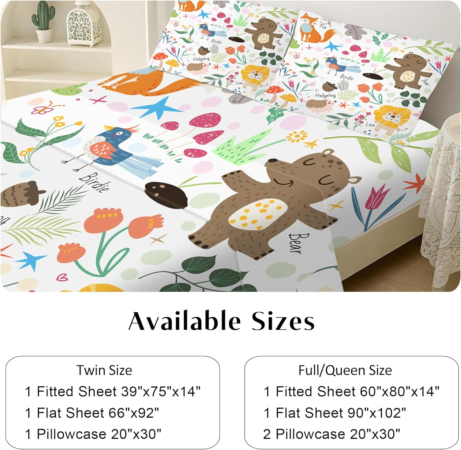 EDGZKO Sheet Set Cartoon Animals: Queen Size Cute Bed Sheets for Toddler Girls Boys Kids Deep Pocket Lovely Fox Bear Lion Flowers 4 Piece Bedding Sets 1 Flat Sheet & 1 Fitted Sheet & 2 Pillowcases image number 3