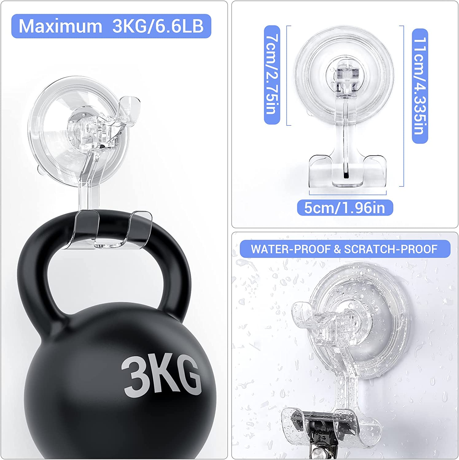 LUXEAR Shower Suction Hooks, 2 Pack Suction Hooks Removable and Reusable Razor Hook for Shower Waterproof Powerful Vacuum Suction Cup Hook Holder for Towel Bathrobe Loofah Hooks for Bathroom & Kitchen image number 6