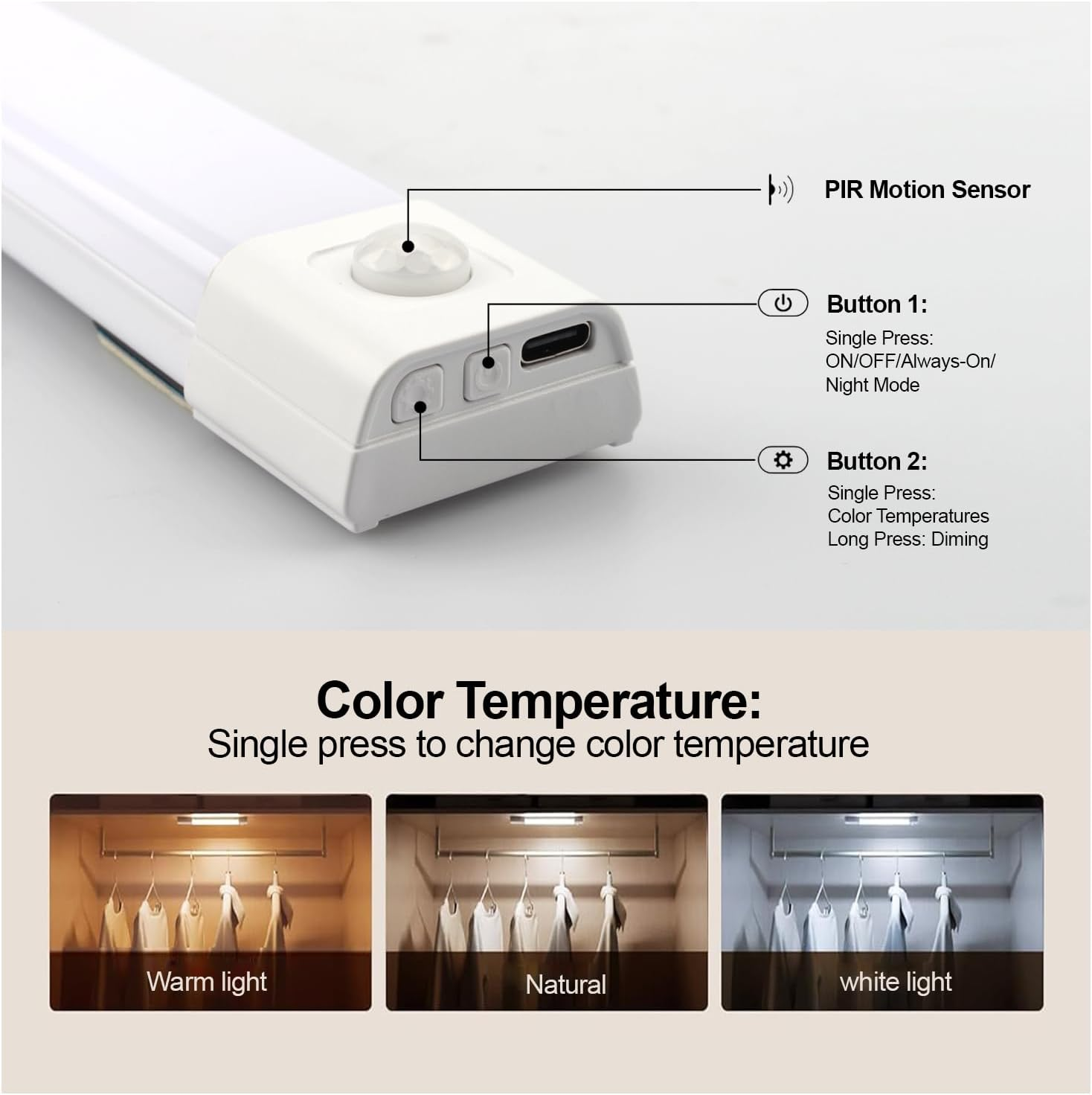 H HOME-MART under Cabinet Lights,3 Color Closet Lights,30 LED Rechargeable Closet Lights Dimmable LED Motion Sensor Light Indoor,Under Cabinet Lighting or Stairs, Kitchen, Bedroom, Wardrobe image number 1