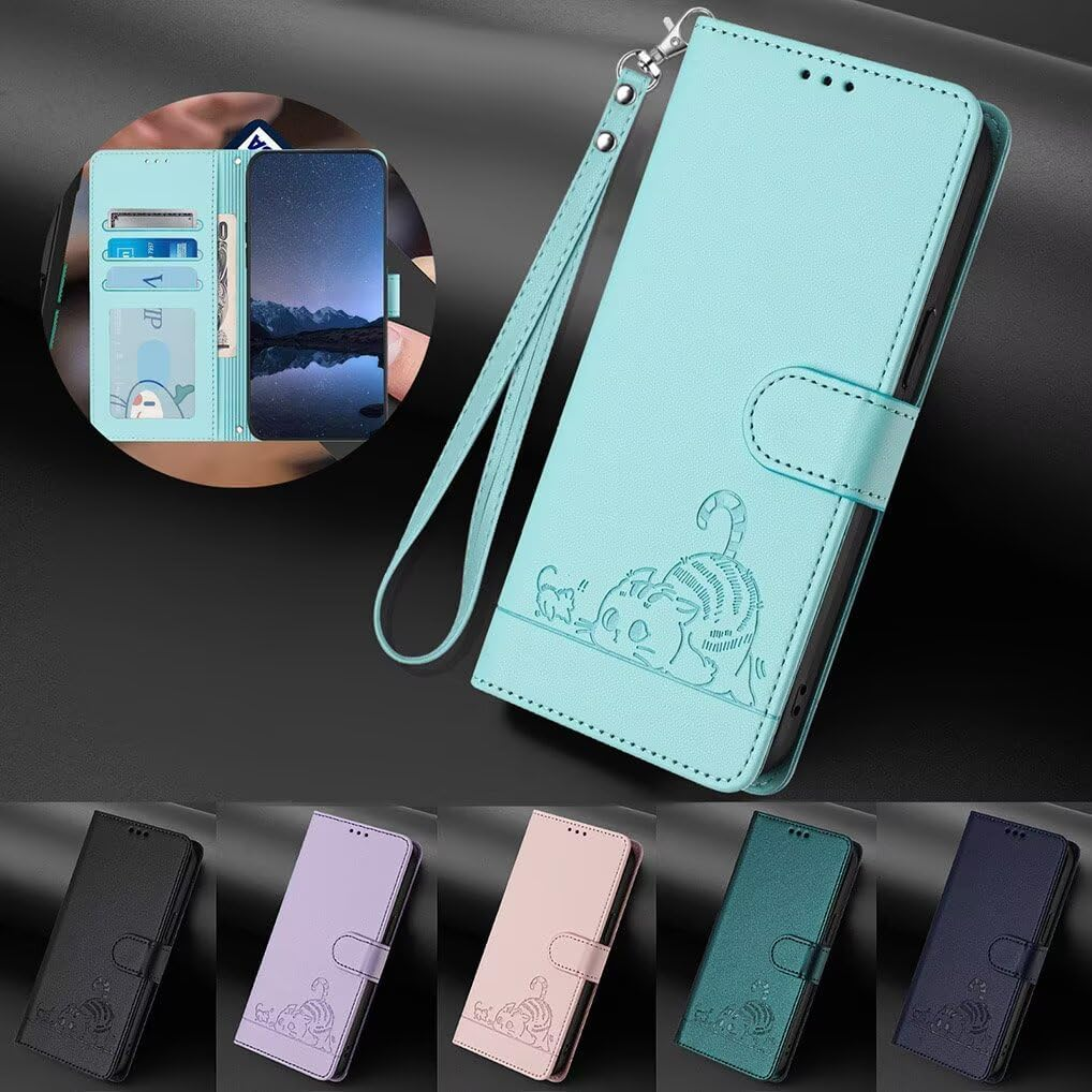 SEAHAI Case for Motorola Edge 60 Fusion/Edge 60 5G Phone Case, Cute Embossed Cat Premium PU Leather Folio Wallet Shockproof Protective Case with Stand/Card Slot/Rfid Protection, Light Green - Black image number 5