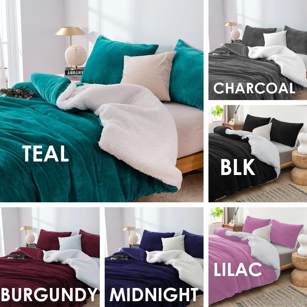 Super Warm Teddy Bear Fleece/Sherpa 2 in 1 Quilt Doona Duvet Cover Set All Size Winter Thermal (Double, Teal) image number 4