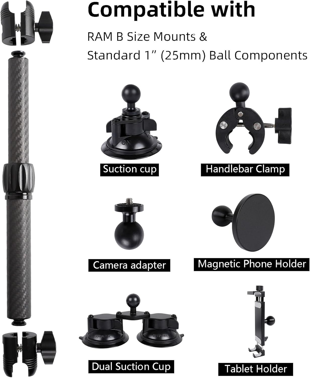 Carbon Fiber Double Socket Arm - Telescopic Extension from 10 to 13.8 Inches, Adjustable Lightweight Arm Compatible with RAM B Size Mounts & Standard 1&rdquo;(25Mm) Ball Components image number 4
