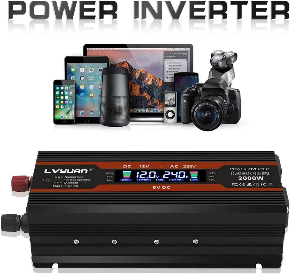 Yinleader 1000W /2000W(Peak) Car Power Inverter DC 12V to 240V AC Converter with Intelligent LCD Display Dual AC Outlets Dual USB for RV Caravan Truck Laptop(Black) image number 3