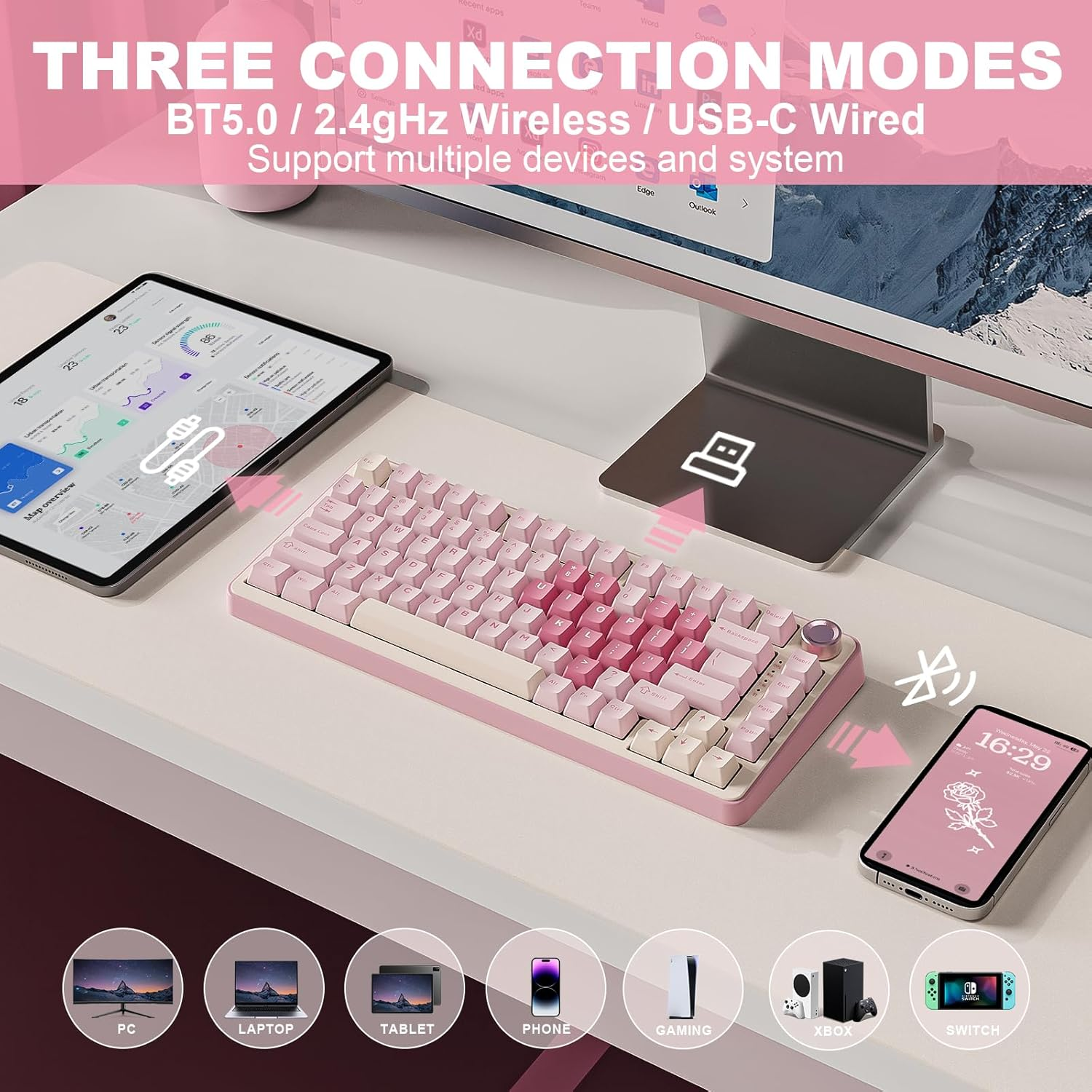 YUNZII B75 PRO Wireless Mechanical Keyboard,75% Gaming Keyboard Gasket Hot Swap Custom Keyboard with Knob,Pre-Lubed Switches Rgb,Bt/Type-C/2.4G Creamy Keyboard (Pink, Milk V2 Switch) image number 6