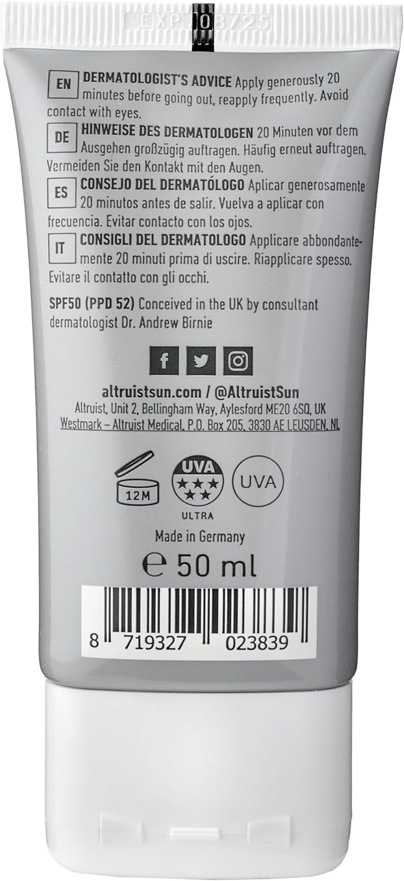 Altruist Dermatologist Sunscreen Fluid SPF &ndash; Superior 5Star UVA Protection by Dr Andrew Birnie Premium Antioxidant Face Protection, White, Unscented, 50 Millilitre image number 1
