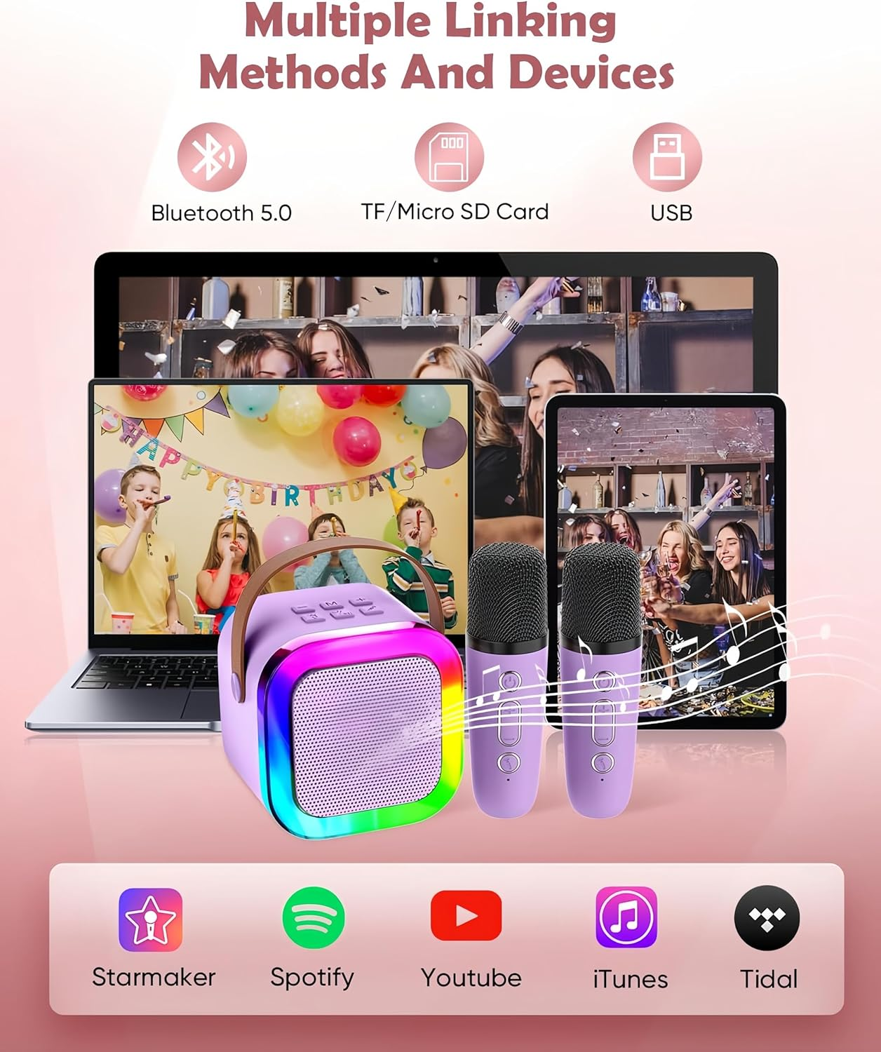 Mini Karaoke Machine Speaker for Kids Adults, Toys for Girls Boys Friends Age 3-12+, Birthday Gifts Portable Bluetooth Speaker with 2 Wireless Mics for 5 6 7 8 9 10 11 Years Teens Girl Boys (Purple)