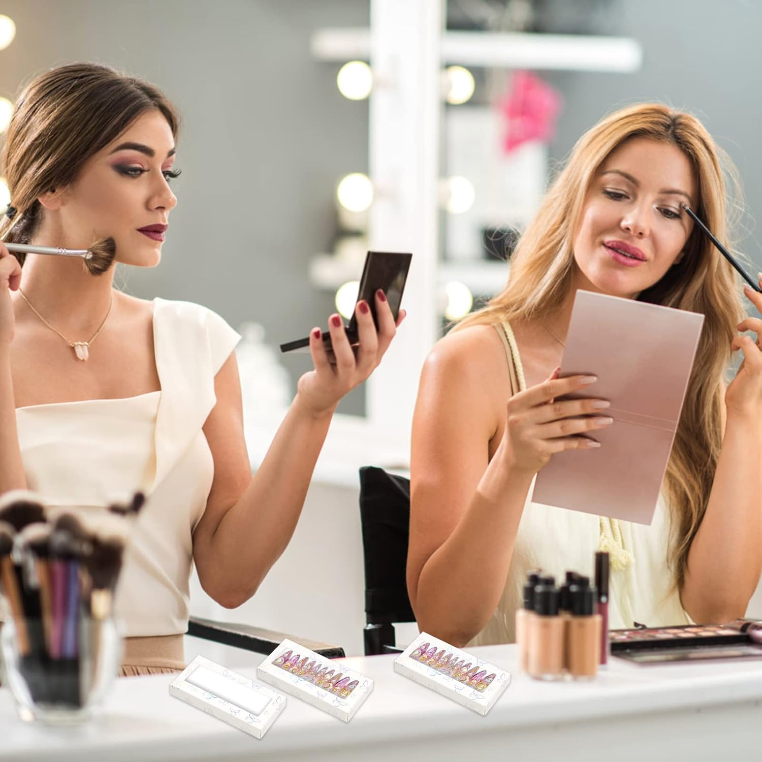 HLQHXWHZT 71 Pcs Empty Press on Nails Packaging Box 35 Pcs White Background Papers and 1 Double Sided Tape, Empty Nail Package Box Set for Press on Nail Business (White)&hellip; - Black Square image number 3