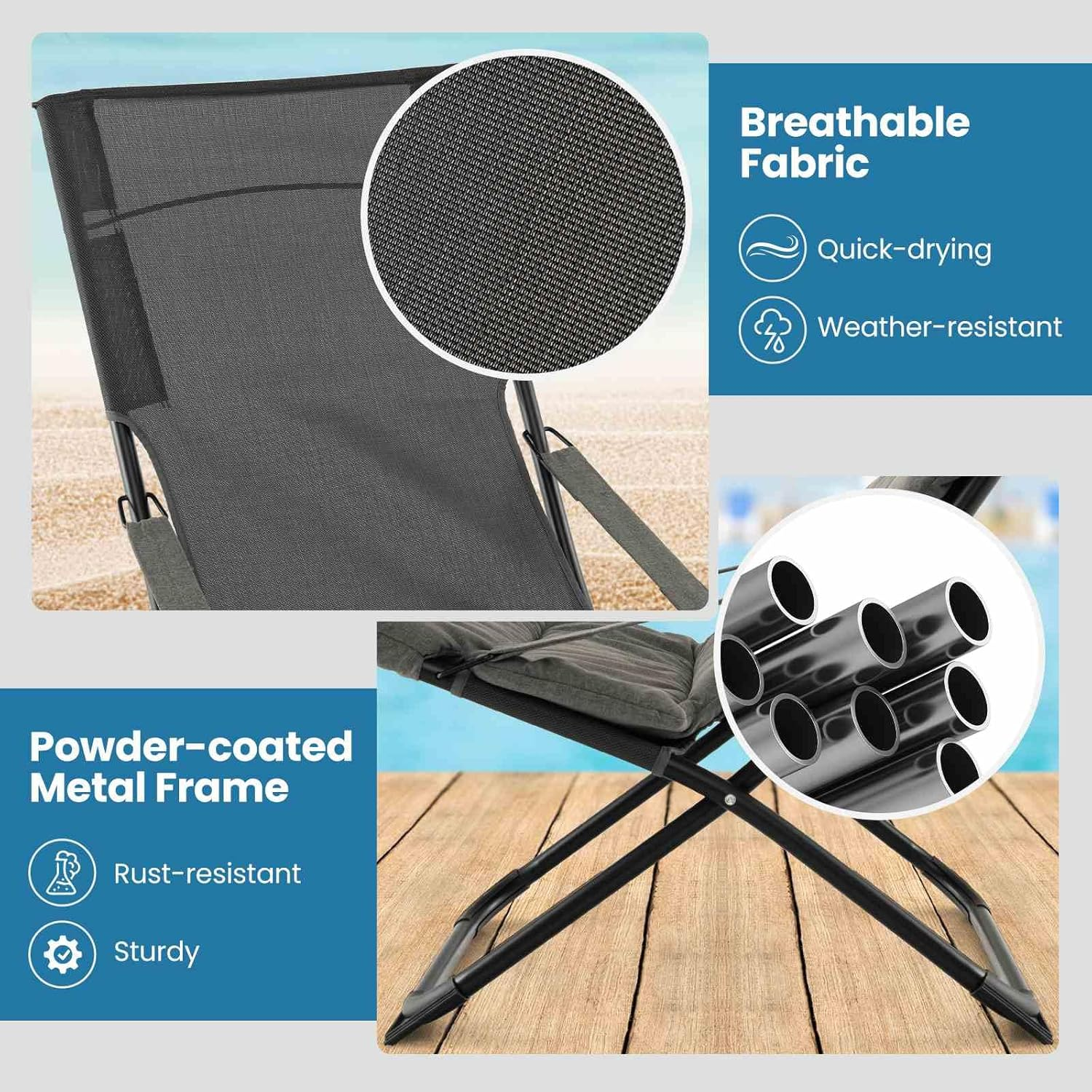 Costway Patio Folding Sling Chair with Ottoman, Outdoor Portable Lounge Chair with Footrest & Removable Cushion, Reclining Beach Chair & Ottoman Set for Deck, Garden, Poolside, Grey image number 2