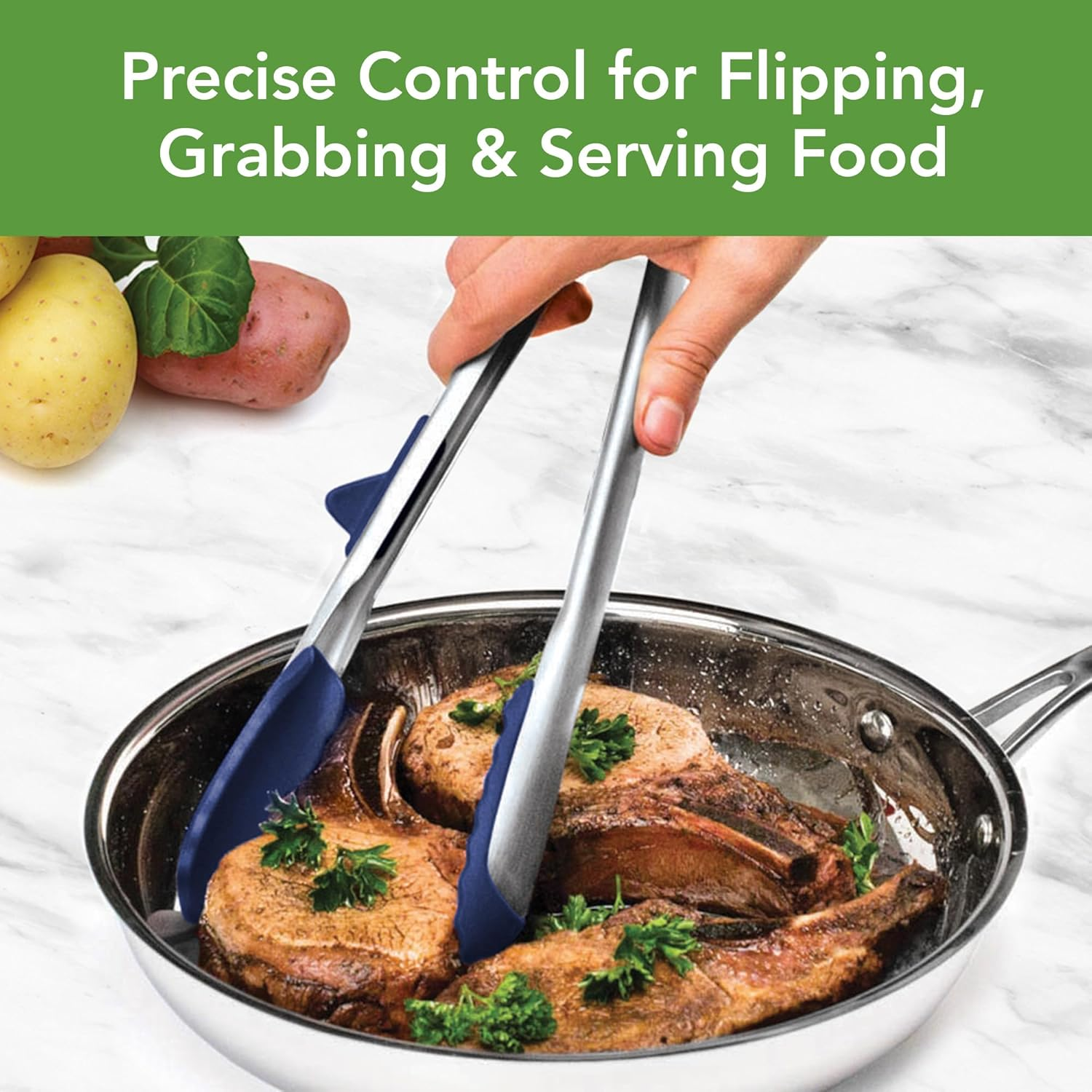 Tovolo Tip Top Tongs, Easy-Grip Kitchen Tongs for Cooking with Silicone Tips, Easy Locking Mechanism, Cooking Utensil with Resting Foot, Heat-Resistant & Bpa-Free Silicone Tips, Deep Indigo