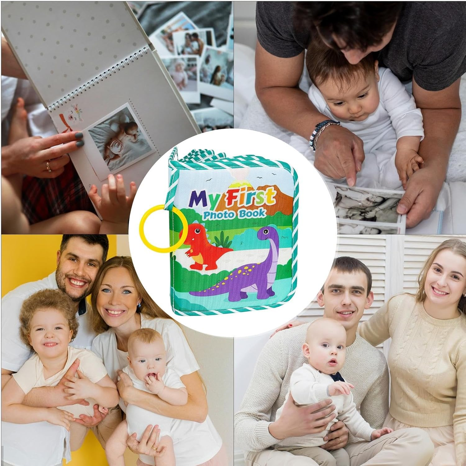 Toddler Photo Album, Soft Toddler Dinosaur Family Picture Book, Educational Portable Picture Album with Safe Mirror for Birthday Holiday Family Moments