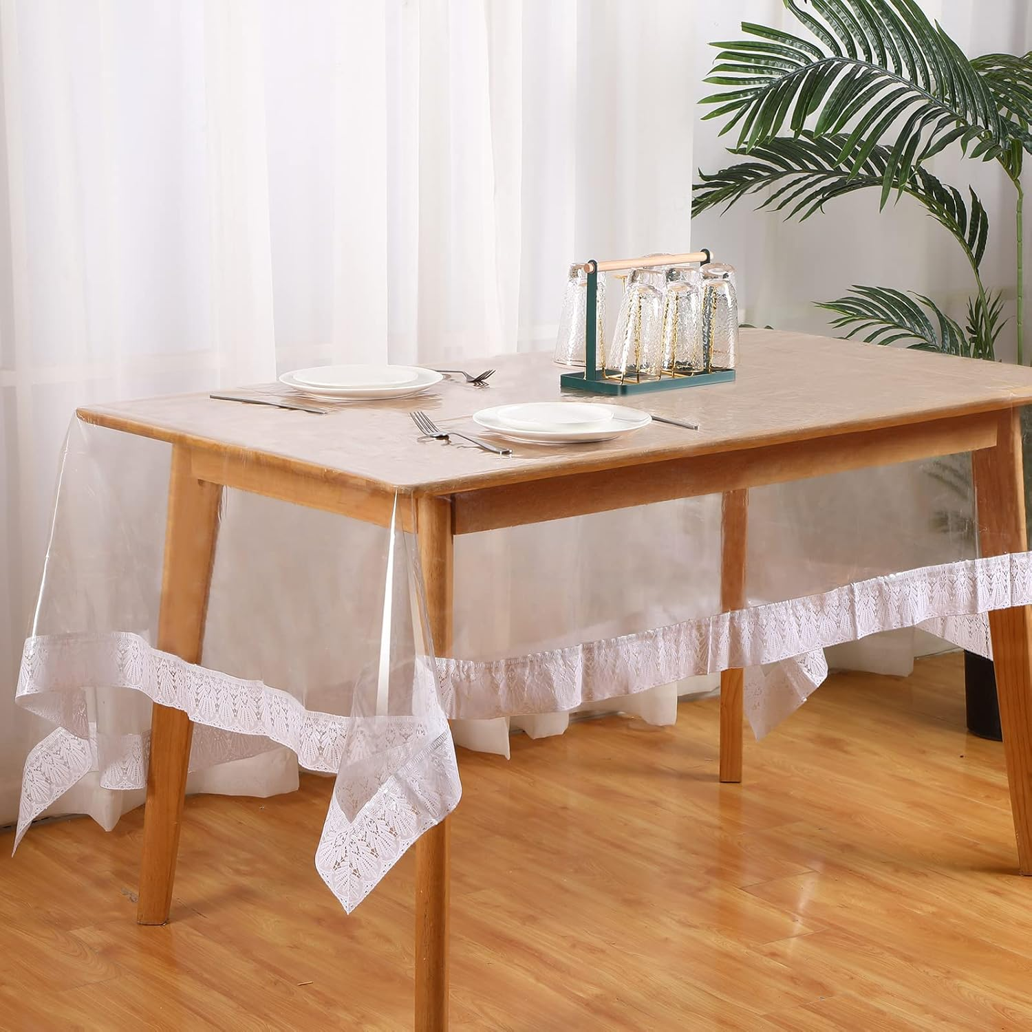Mixweer Clear Vinyl Tablecloth Protector Plastic Table Cover Waterproof Tablecloth Dining Table Cover White Lace Tablecloth for Dining Tables Kitchen Home (60 X 84 Inch)