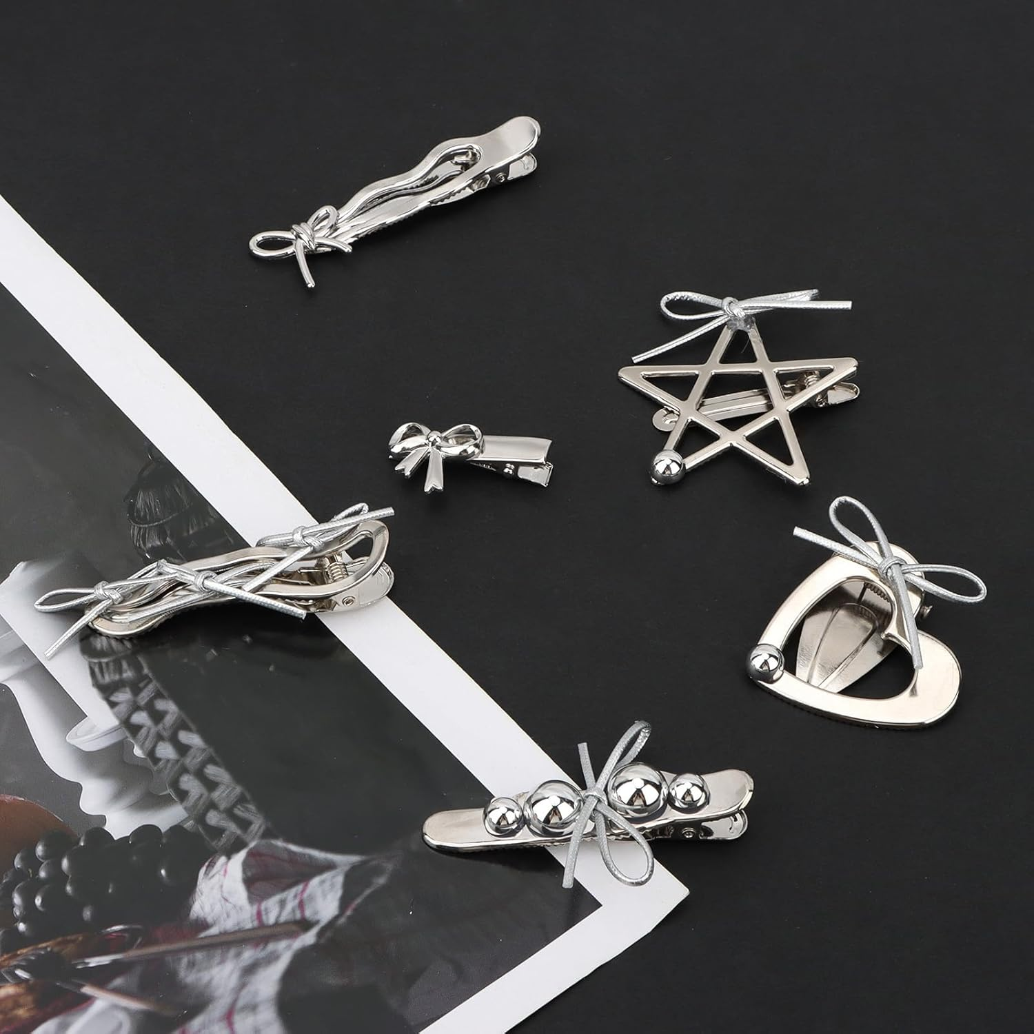 Bumlofa Pack of 6 Metallic Silver Ladies Hair Clips Bow Designs image number 1