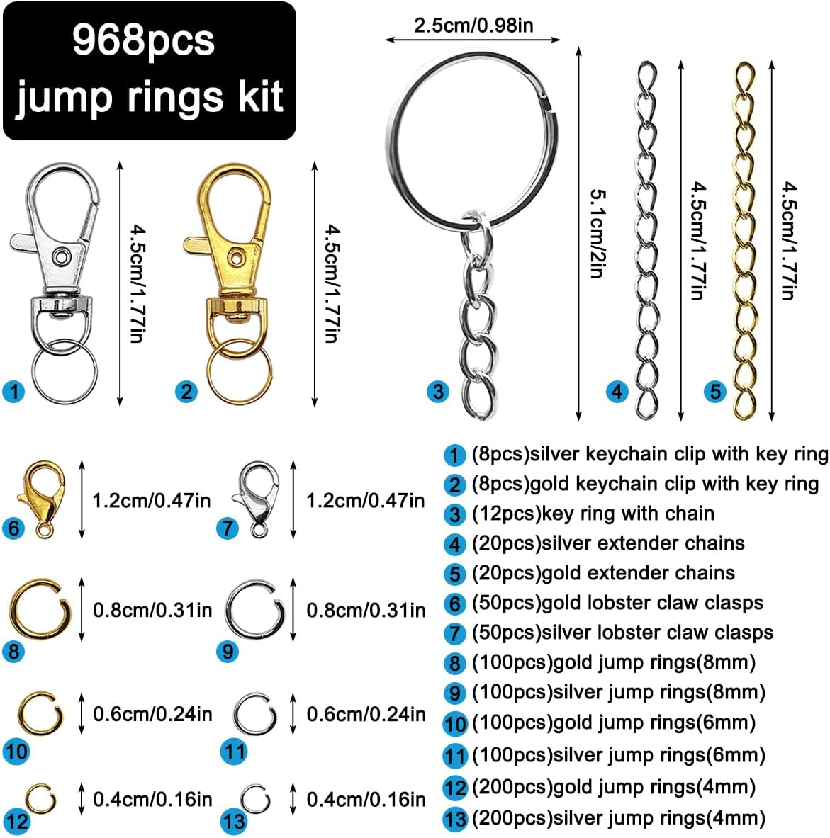Keychain Making Kit, SENHAI 968Pcs Keychain Clip with Key Chain Rings, Lobster Claw Clasps, Key Rings Chain Hook Jump Rings, Key Ring for Jewelry Making Supplies (Silver & Gold)