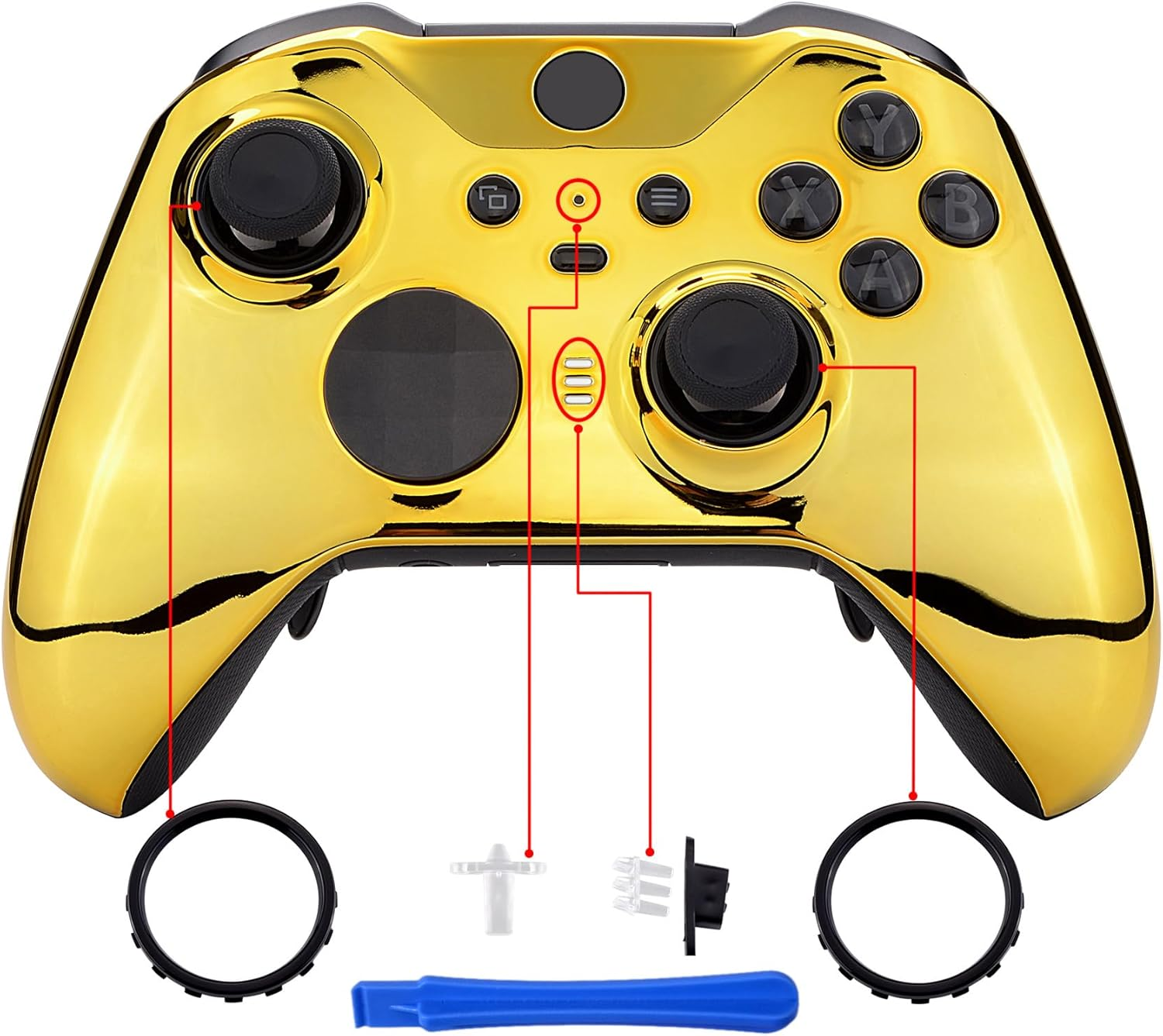 Extremerate Chrome Gold Edition Glossy Faceplate Cover, Front Housing Shell Case Replacement Kit for Xbox One Elite Series 2 Controller Model 1797 - Thumbstick Accent Rings Included - Chrome Gold image number 5