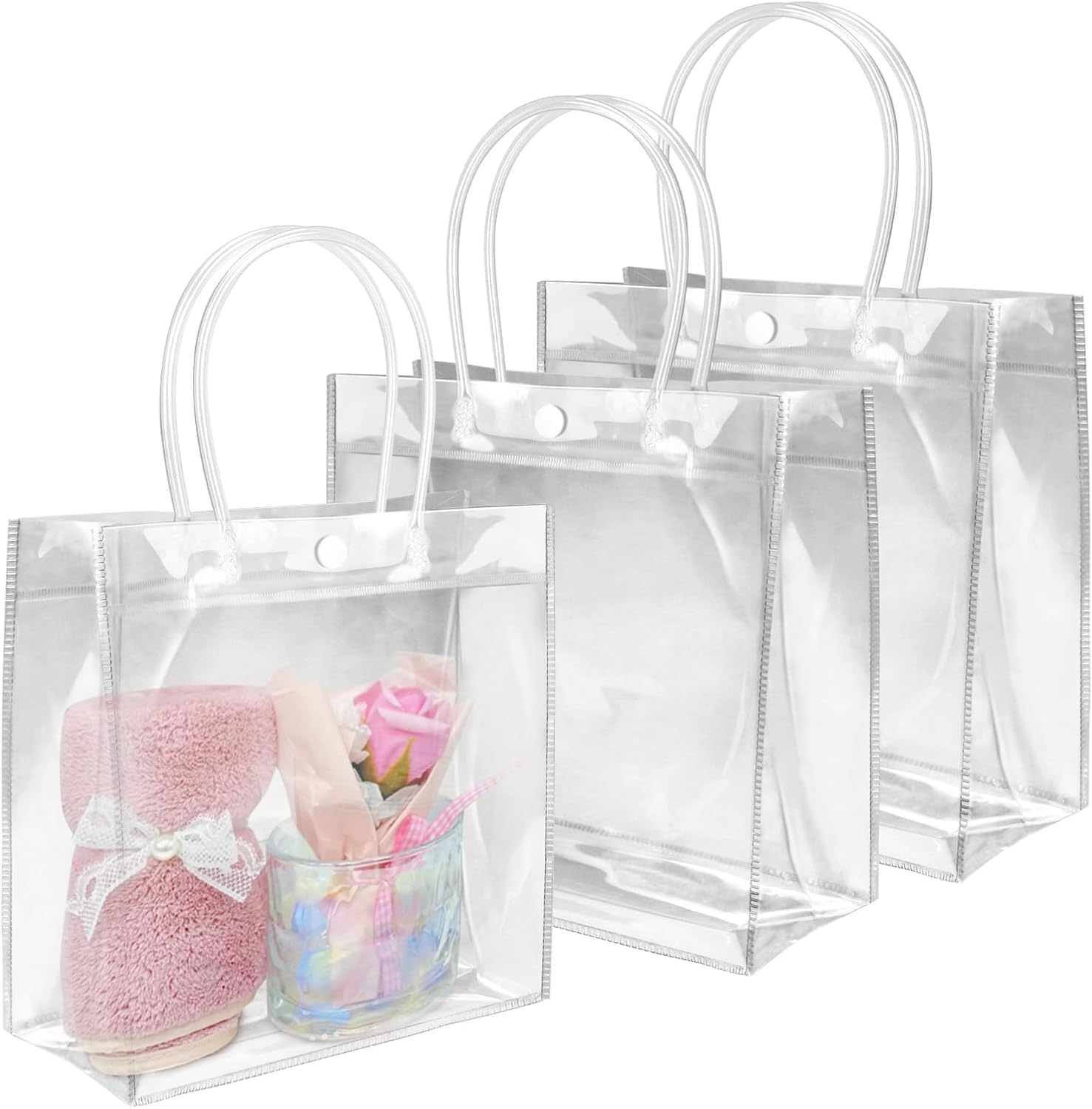 Acaiciee 15 PCS Clear Gift Bags with Handles, 6.89" X 6.89" X 3.54", Reusable Transparent Plastic Clear Gift Bags for Wedding, Birthday, Baby Shower, Party, Halloween, Christmas image number 5