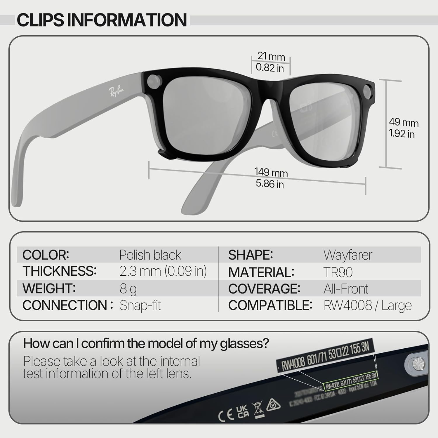 Compatible with Ray Ban Meta Wayfarer Rw4008,Polarized Color Changing Clip Quick Install anti Glare Lens Attachment image number 3