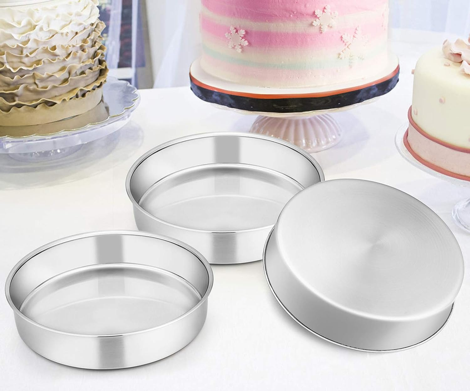 8 Inch Cake Pan Set of 3, E-Far Stainless Steel round Layer Cake Baking Pans, Non-Toxic & Healthy, Mirror Finish & Dishwasher Safe image number 1
