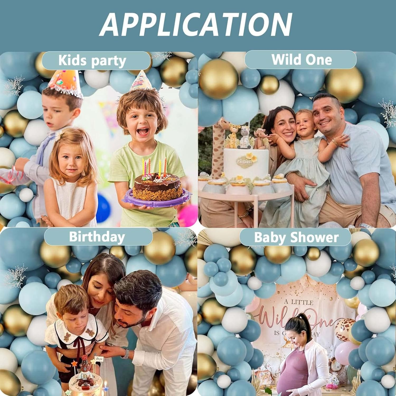 Eampoy Dusty Blue Balloons Garland Kit, 134Pcs Blue Sand White Metallic Gold Latex Balloons, for Boy Baby Shower Bridal Shower Wedding Anniversary Birthday Party Decorations Supplies image number 5