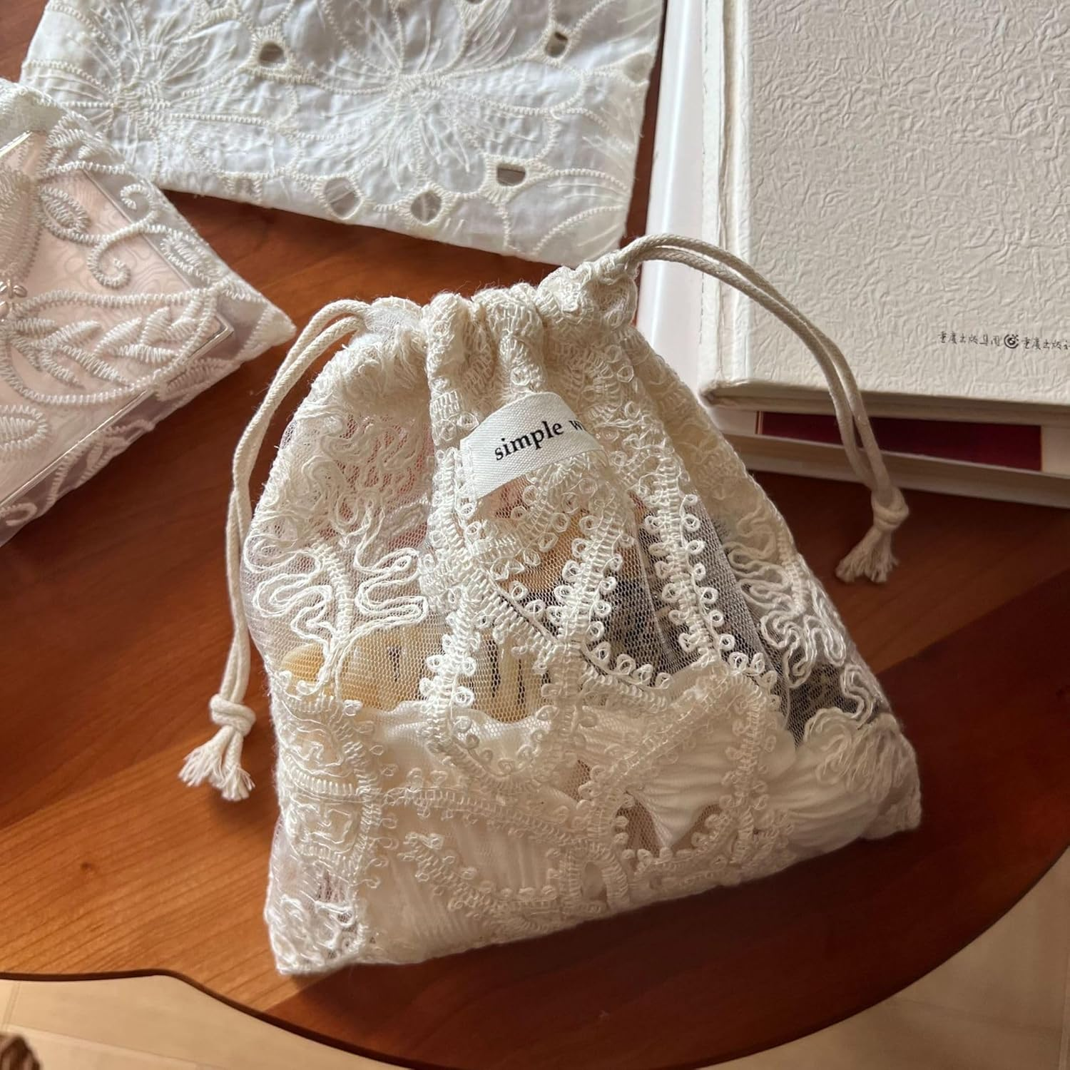 Sminra Mesh Drawstring Makeup Bag Pouch Lace Organizer, Small Drawstring Coquette Aesthetic Cute Travel Toiletry Insert Bag Gift for Women and Girls, Bonestring Embroidery, Aesthetic - Cotton Floral Embroidery image number 3