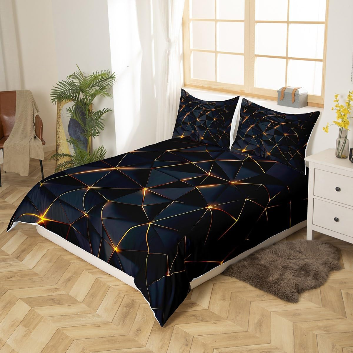 Homemissing Honeycomb Bed Set Geometric Stereoscopic Theme Boys Bedding Set 135 X 200 Cm Geometry Adult Bedroom Decoration 3D Black Gold Print Duvet Cover Set All Season - Multicolour 37 image number 2