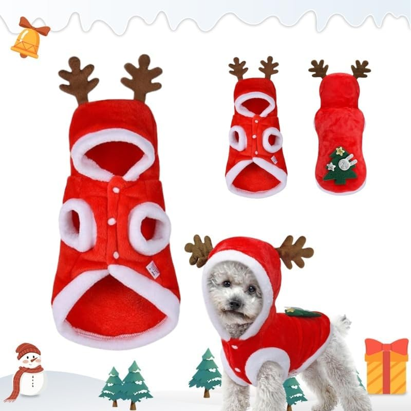 Pet Christmas Costume with Antlers Dogs Christmas Costume Christmas Pet Clothes Pet Hoodies Pet Christmas Outfit Small Medium Dogs and Cats Christmas Carnival Party Red M image number 2