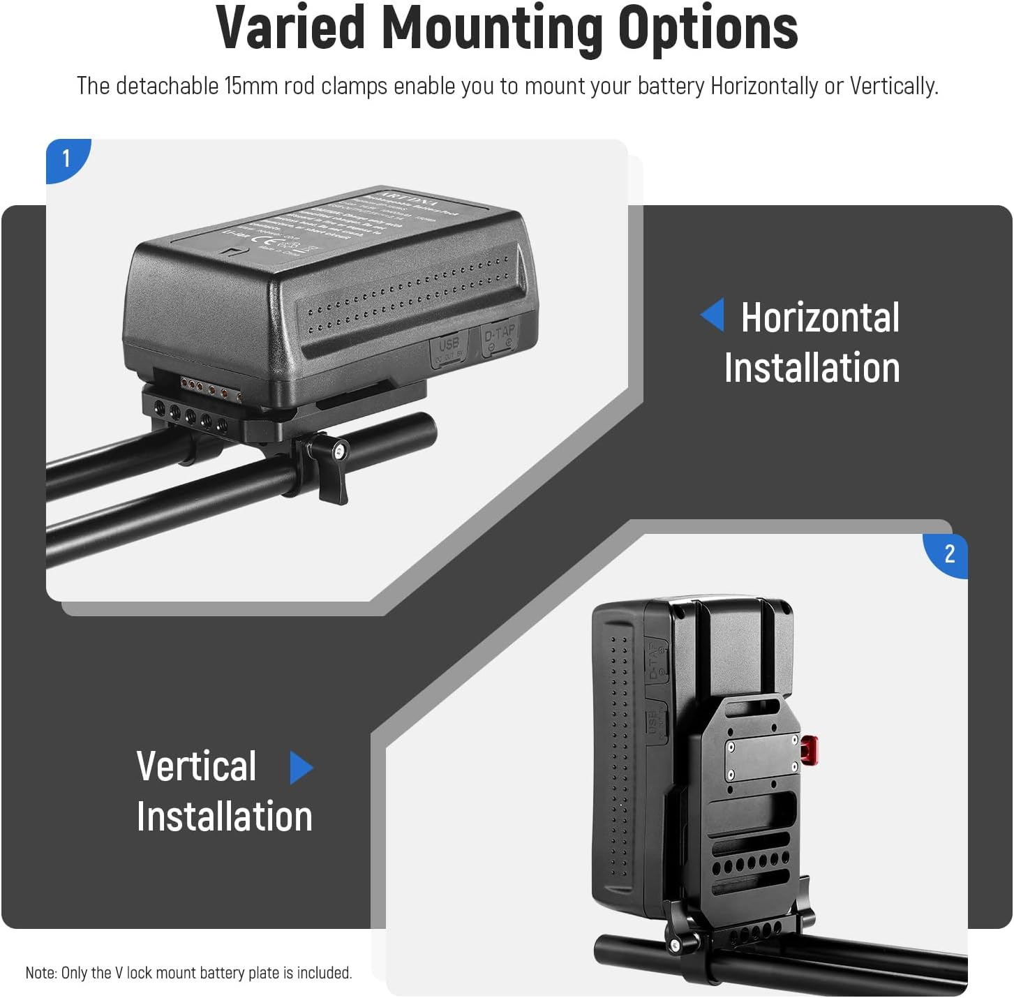 NEEWER V Mount Battery Plate with Dual 15Mm Rod Clamps, 1/4" & 3/8" Threads, Metal V Lock Battery Mounting Plate Fits Camera Rig Cage with 15Mm Rail Rod Support System, Compatible with Smallrig (ST43) image number 2