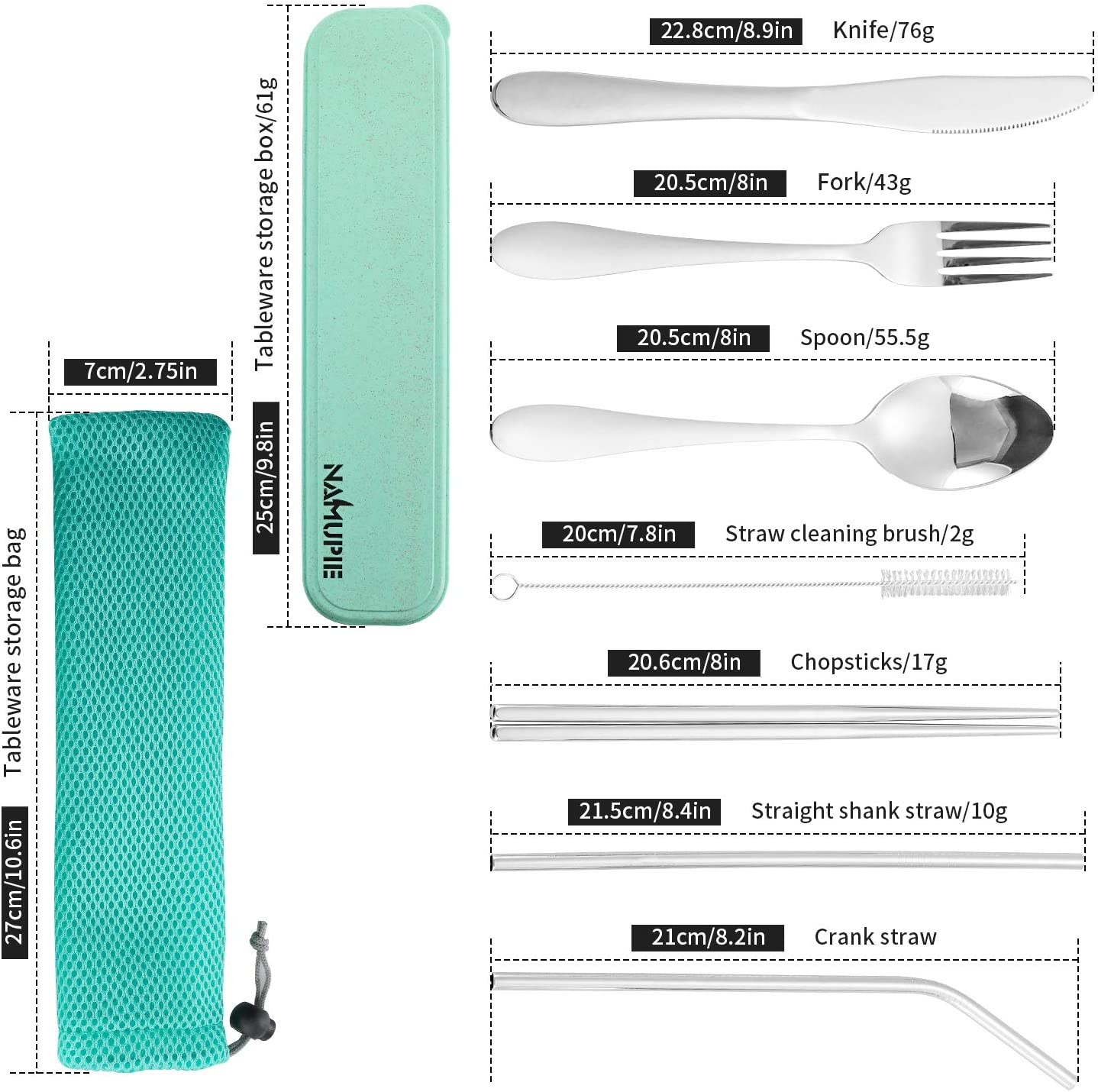 NAMUPIE Stainless Steel Travel Utensil Set 9 Piece Reusable Travel Utensils Silverware with Case,Travel Camping Cutlery Set, Knives, Forks and Chopsticks for Camping, Portable Flatware Cutlery Set with Case (GREEN) image number 4