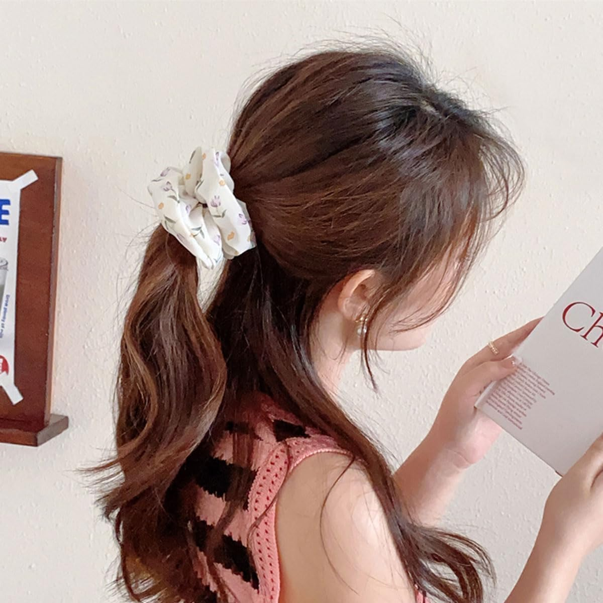 Flower Chiffon Hair Scrunchie,6Pcs Floral Plaid Solid Color Scrunchie,Spring Summer Floral Hair Scrunchies,Floral Chiffon Elastic Hair Tie Scrunchie,Floral Plaid Solid Hair Scrunchie for Girls Women image number 5