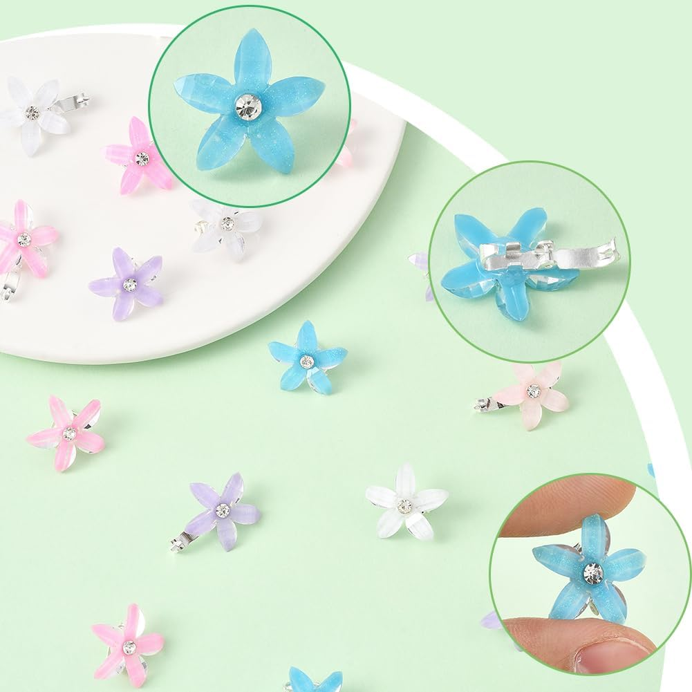 SUNNYCLUE 1 Box 30Pcs 5 Colors Flower Hair Clips Cute Hair Clips 5 Petal Flowers Hairpin with Rhinestone Resin Floral Barrettes Pins for Braid Accessories DIY Crafts Decoration Wedding Party Women image number 1