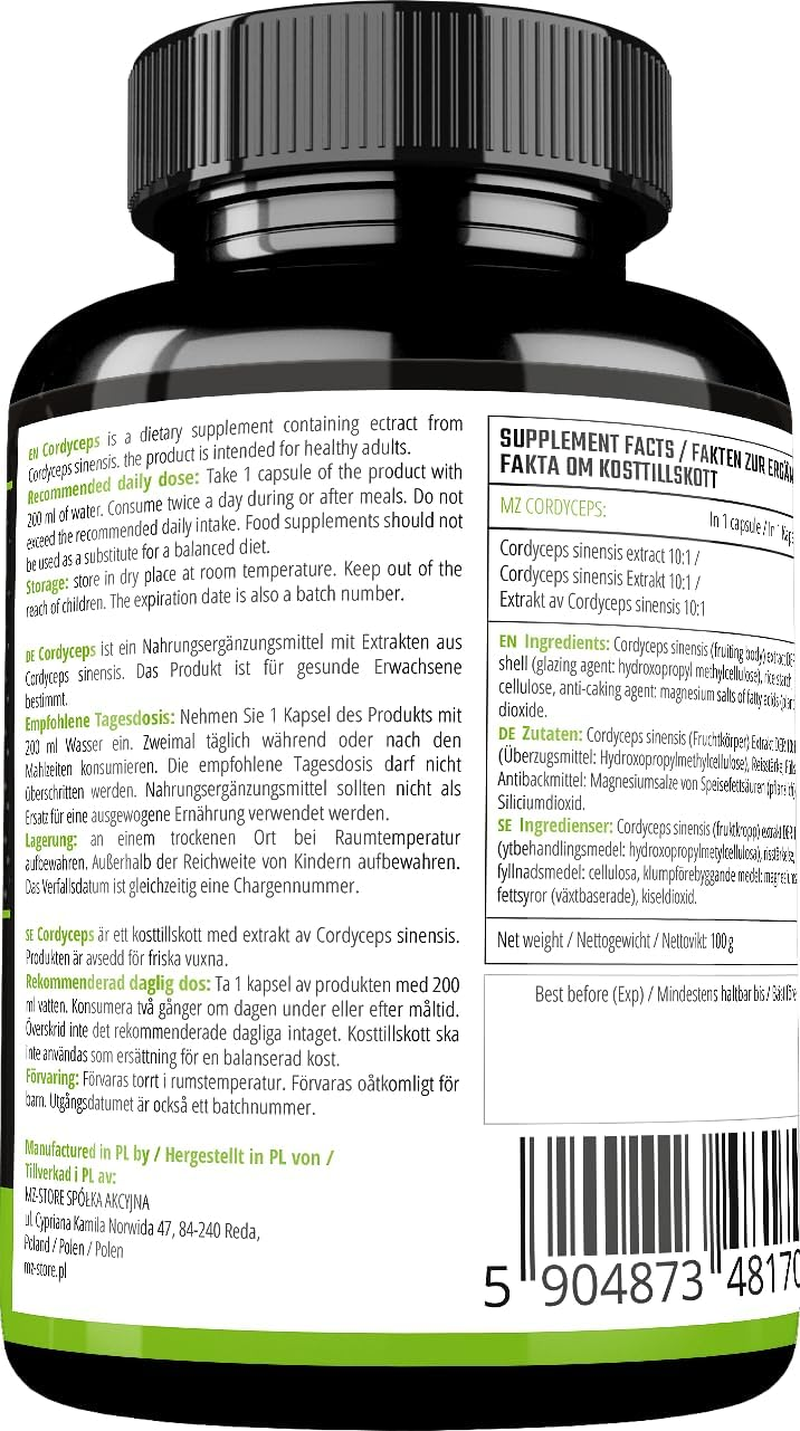 Cordyceps Mushroom 500 Mg per Capsule - Cordyceps Sinensis 10:1 Extract - 120 Vegan Capsules - 4 Months Supply - by MZ