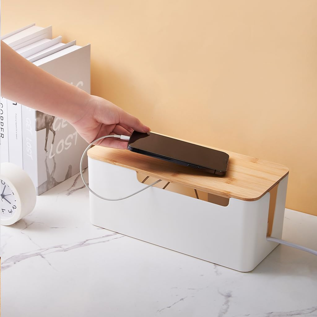[Set of 2] Wood Cover Cable Management Box Set, Wire Ties Included to Organize Desk Cord Cables, Hide TV Computer Wires, Power Strips, USB Hub to Make Your Home, Office Neat and Clean (White) image number 4