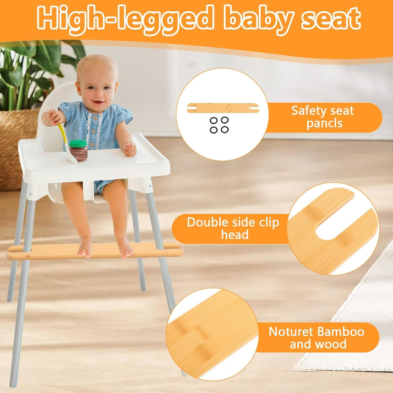 Bamboo High Chair Foot Rest - Adjustable Height, Prevent Slip Baby Highchairs Pedal Bamboo Wooden Footrest High Chair Accessories image number 2