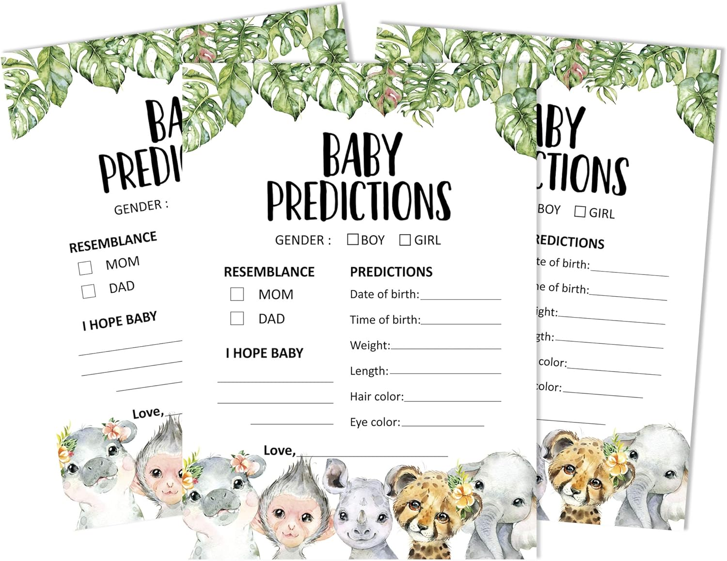 50 Prediction Cards for Baby Shower Game Safari Jungle Animals Party Supplies Fun Baby Shower Game Favors
