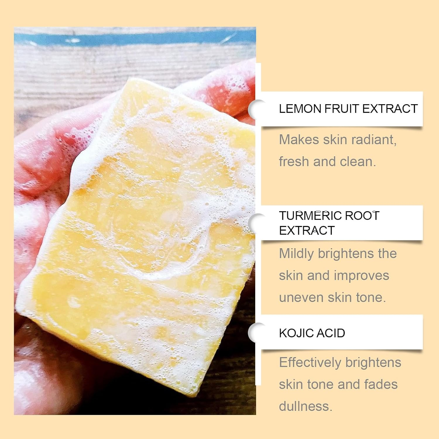 Natural Turmeric Soap, Kojic Acid & Turmeric Soap, Kojic Acid Lemon Soap Bar, Acne, Dark Spots, Hyperpigmentation & Smooth Skin, Brightening, Deep Cleansing, Refreshing, Moisturizing image number 4