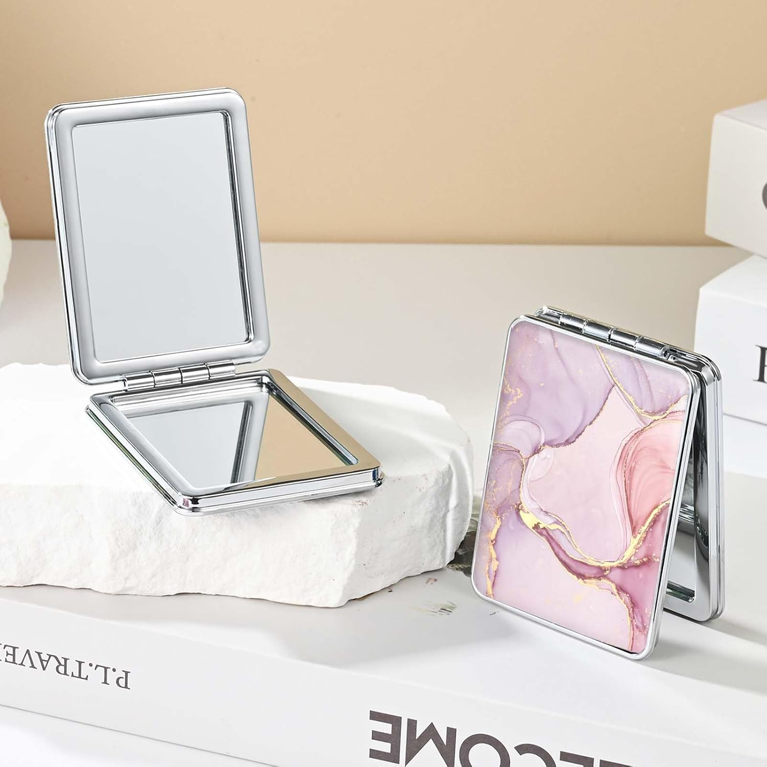 Dcdcee Pocket Mirror, Small Travel Mirror with Magnification, Portable Double-Sided Magnifying Cosmetic Mirror for Daily (Pink Marble) - 2 Flowers image number 5