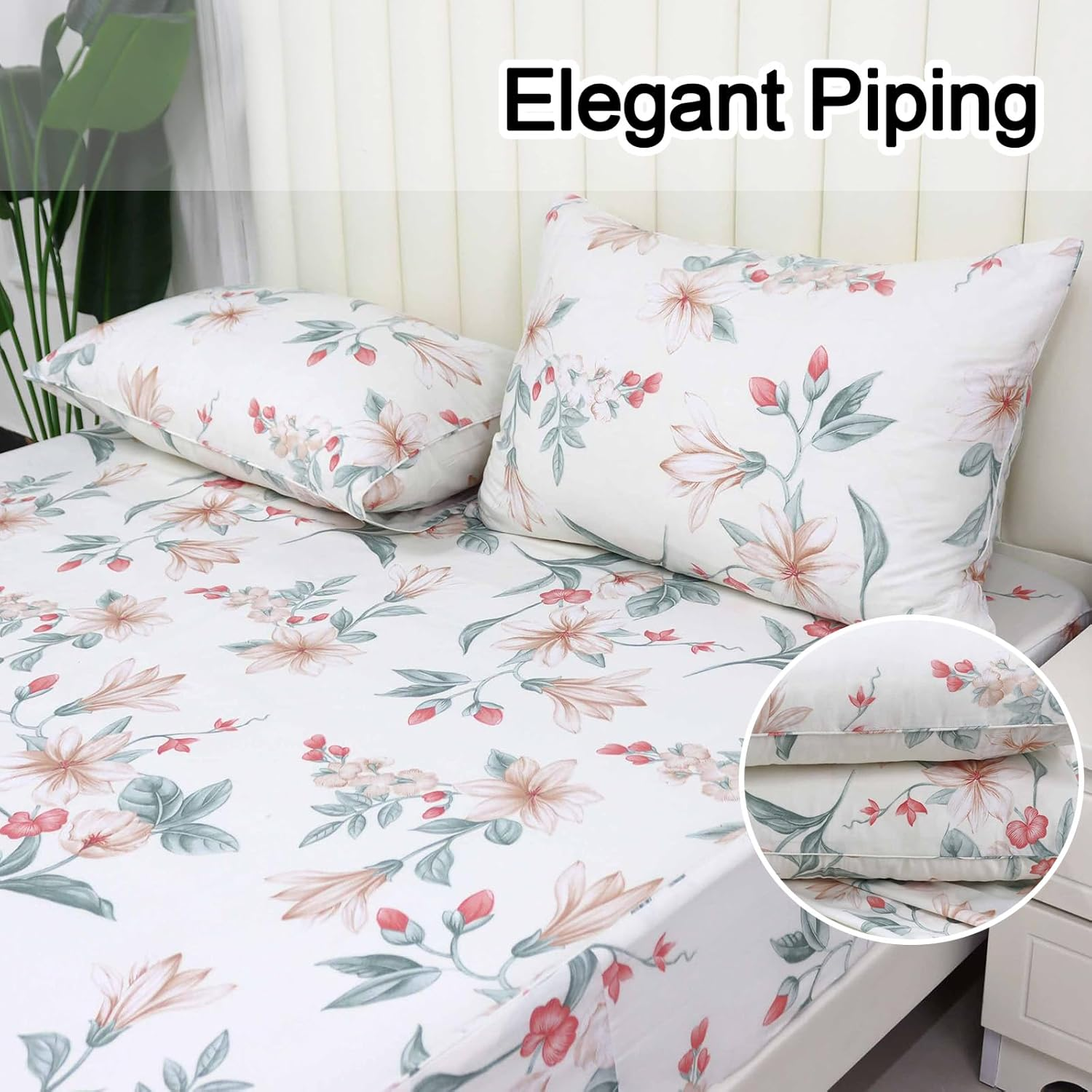 Helthep Floral Sheet Set Twin, 100% Cotton White Floral Printed Sheets Botanical Lily Pattern Sheets Red Chic Flower Green Leaves Luxury Percale Sheet with 17.5" Deep Pocket, Vintage French Bedding image number 6