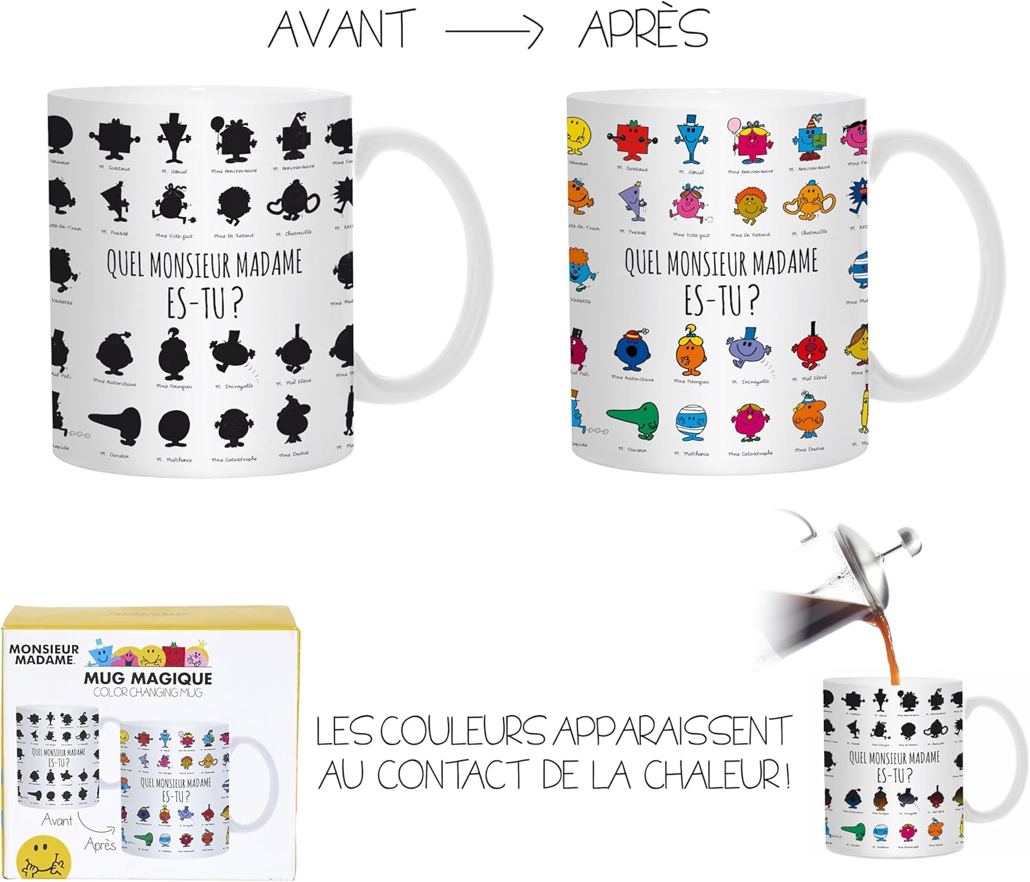 Monsieur Madame MM3107 Heat Reactive Mug with What Mr Men Are You, 320 Ml, White Black and Multicoloured, Ceramic, 12 X 8.5 X 9.7 Cm image number 1