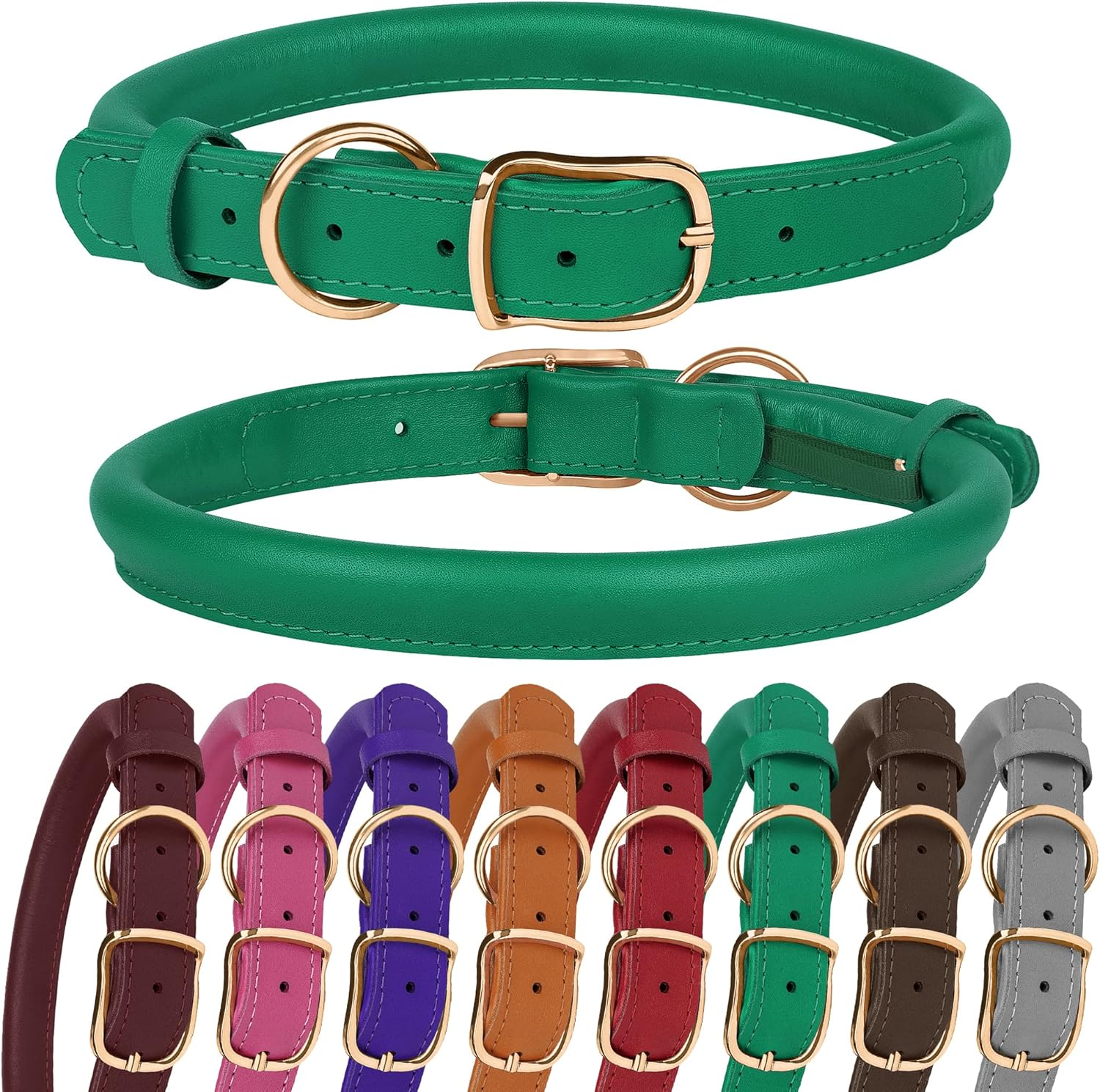 MUROM Rolled Leather Dog Collar Durable round Rope Pet Collars for Small Medium Large Dogs Puppy Pink Purple Green Red Brown Gray (8"-12" Neck Fit, Gray)
