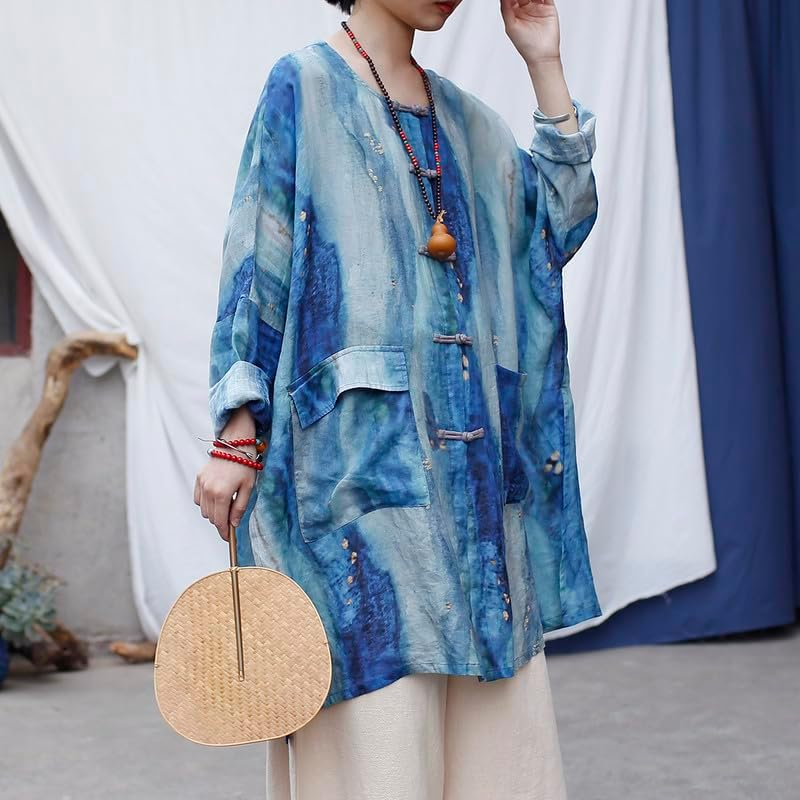 Bohemian Summer Linen Blend Shirt Dress Loose Fit Long Tunic Top with round Neck image number 2