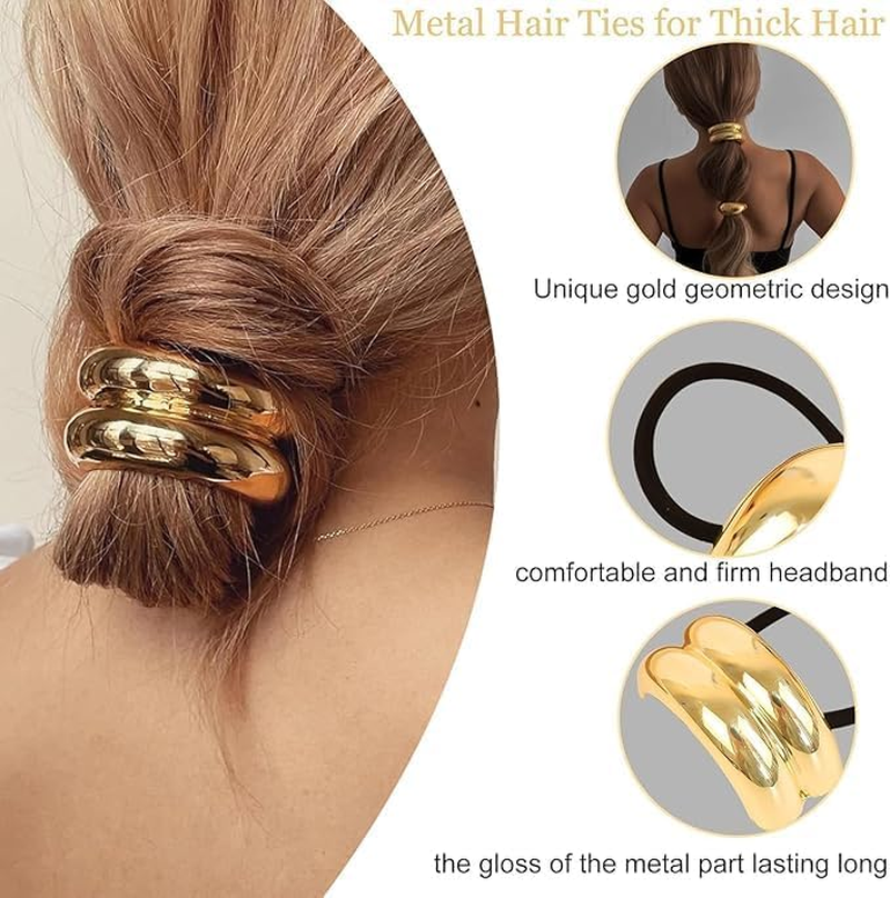 Shoyisenka 3 Pcs Gold Metal Hair Cuffs, Geometric Ponytail Cuff & Elastic Hair Ties, Stylish Hair Bands for Women & Girls, Perfect for Party, Wedding & Daily Use image number 2