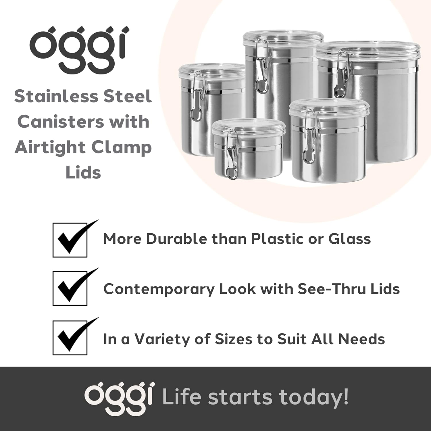 OGGI Stainless Steel Kitchen Canister 62Oz - Airtight Clamp Lid, Clear See-Thru Top - Ideal for Kitchen Storage, Food Storage, Pantry Storage. Large Size 5" X 7.5". - 26-Fluid Ounces, Stainless Steel image number 3