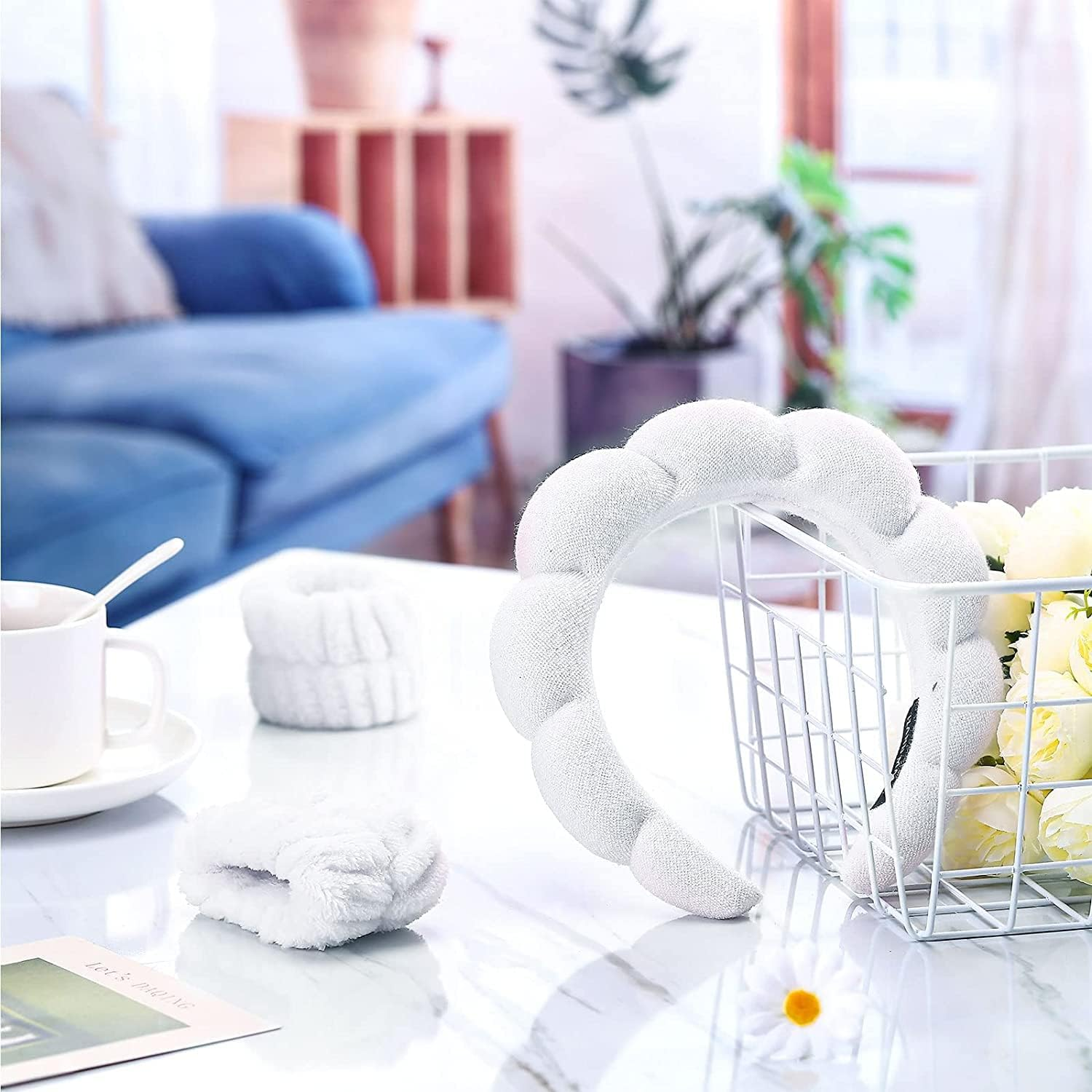 Taicols Pack of 3 Spa Face Headband Wrist, Wrist Wash Bands Set, Soft Skin Care Hair Band, Elastic Wrist Sweatband, Fluffy Cosmetic Headband for Women Girls (White) image number 6