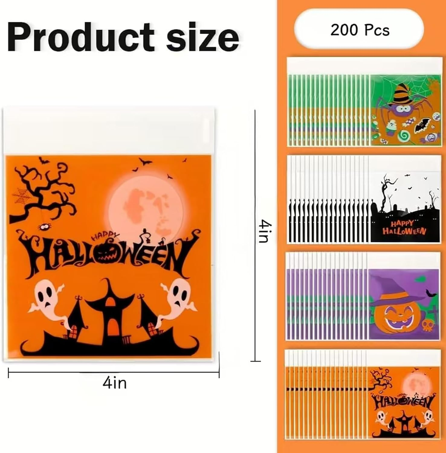 Halloween Cookie Bags,200 Treat Bags,Self Adhesive Gift Bag, 4X4 Inches Plastic Candy Bag for Packaging Candy, Snacks, and Cookies.