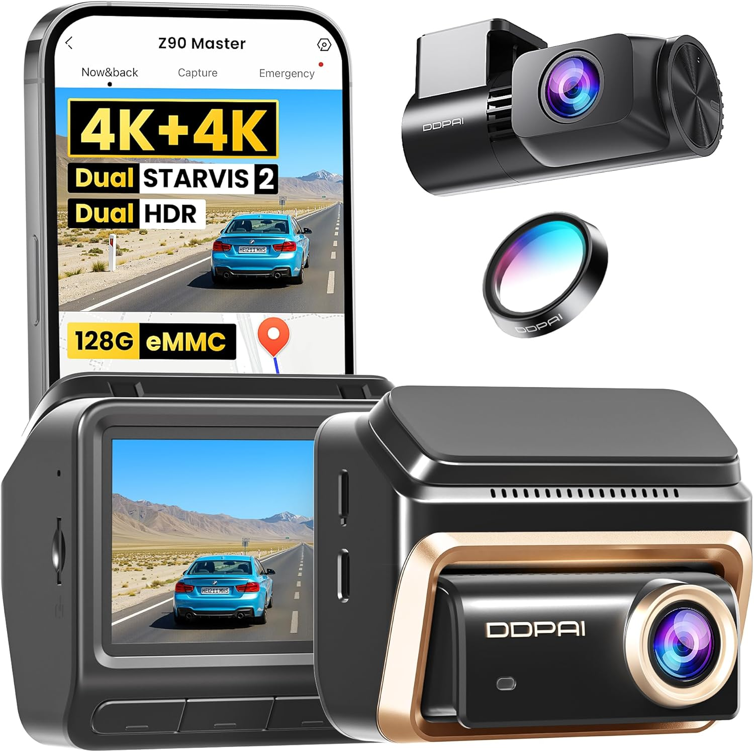 DDPAI 4K+4K Dash Cam, Dual STARVIS 2 IMX678 Dashcam Car Front and Back, Free 128G Emmc, Dual HDR, 3K/60FPS, 5G Wifi, GPS, 3" IPS, AI ISP Night Vision, 24H Parking Mode, 4G Available, Z90 Master image number 1