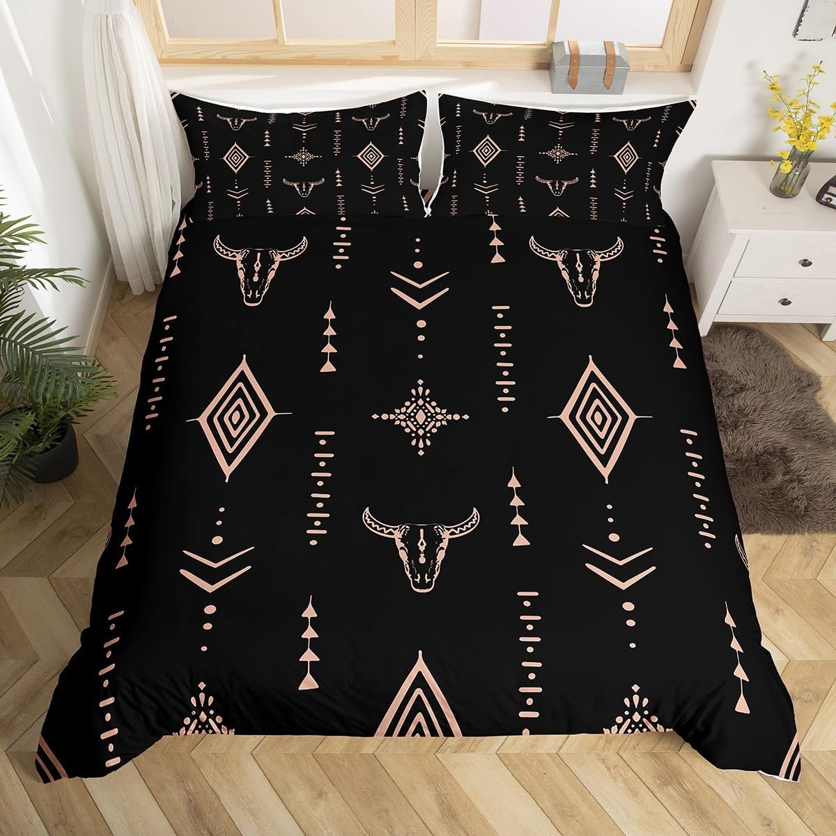 Homewish Aztec King Size Duvet Cover Set for Adults Women Men - Southwestern Bohemian Bedding Set with 2 Pillowcases - Boho Geometric Pattern Quilt Cover Black Reversible - Western Bed Sets