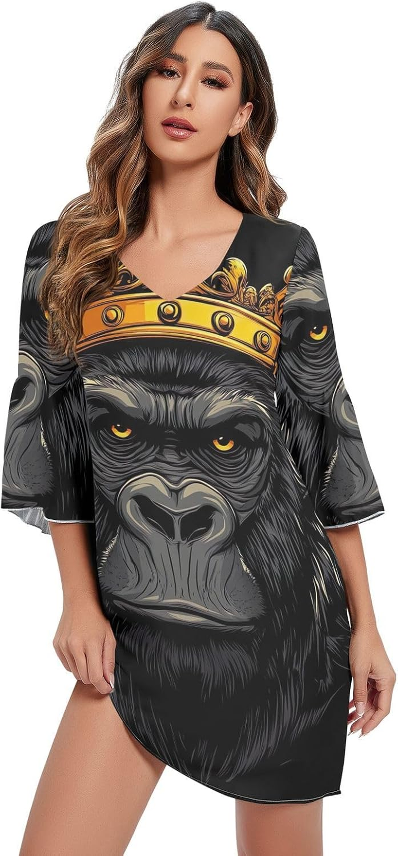 Cartoon Gorilla Crown V Neck Summer Dress 3/4 Sleeve Maternity Dress Party S-XXL image number 1