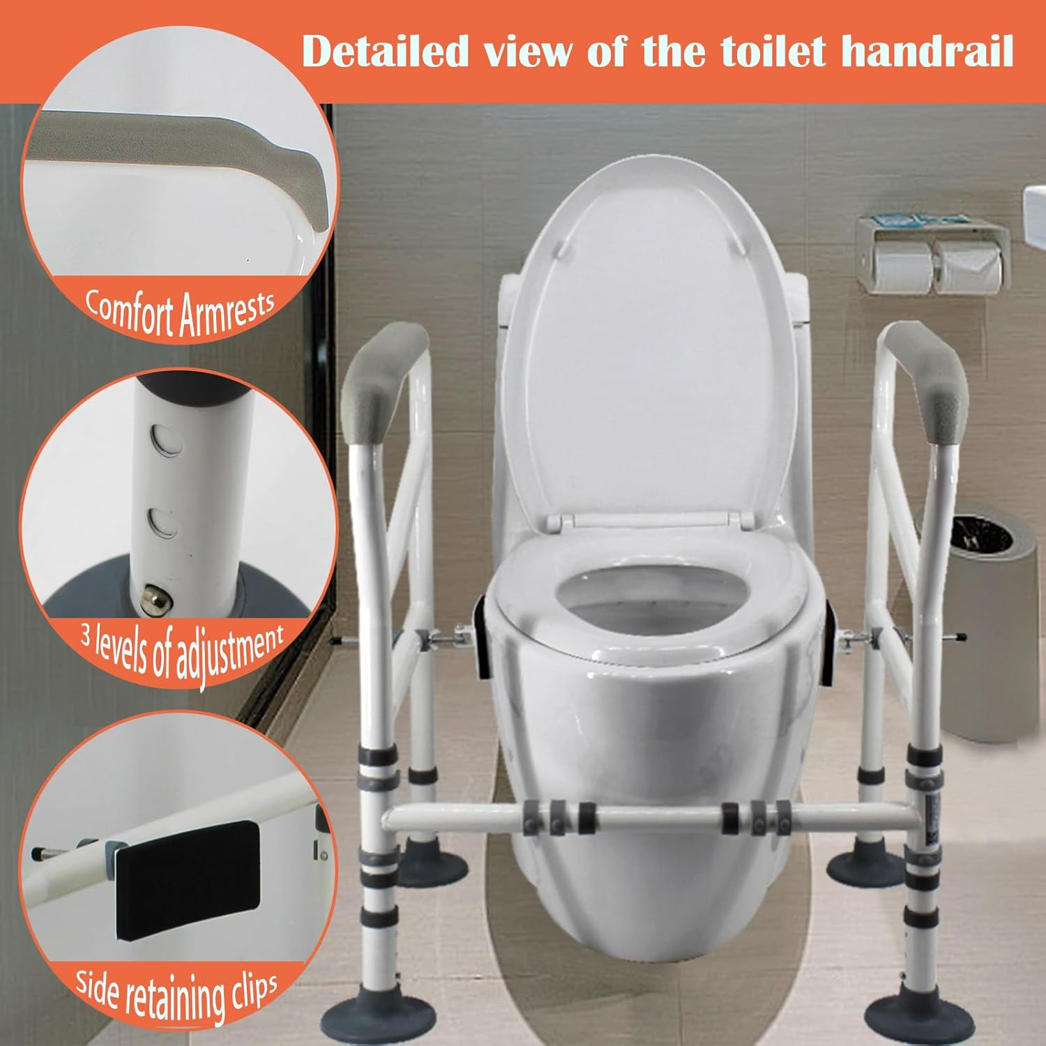 Foldable Toilet Safety Rails, Adjustable Width Height Toilet Frame with Large Suction Cups, Anti-Slip, Heavy Duty Toilet Handles for Elderly and Handicap Toilet Safety Rails Fit Any Toilets image number 2